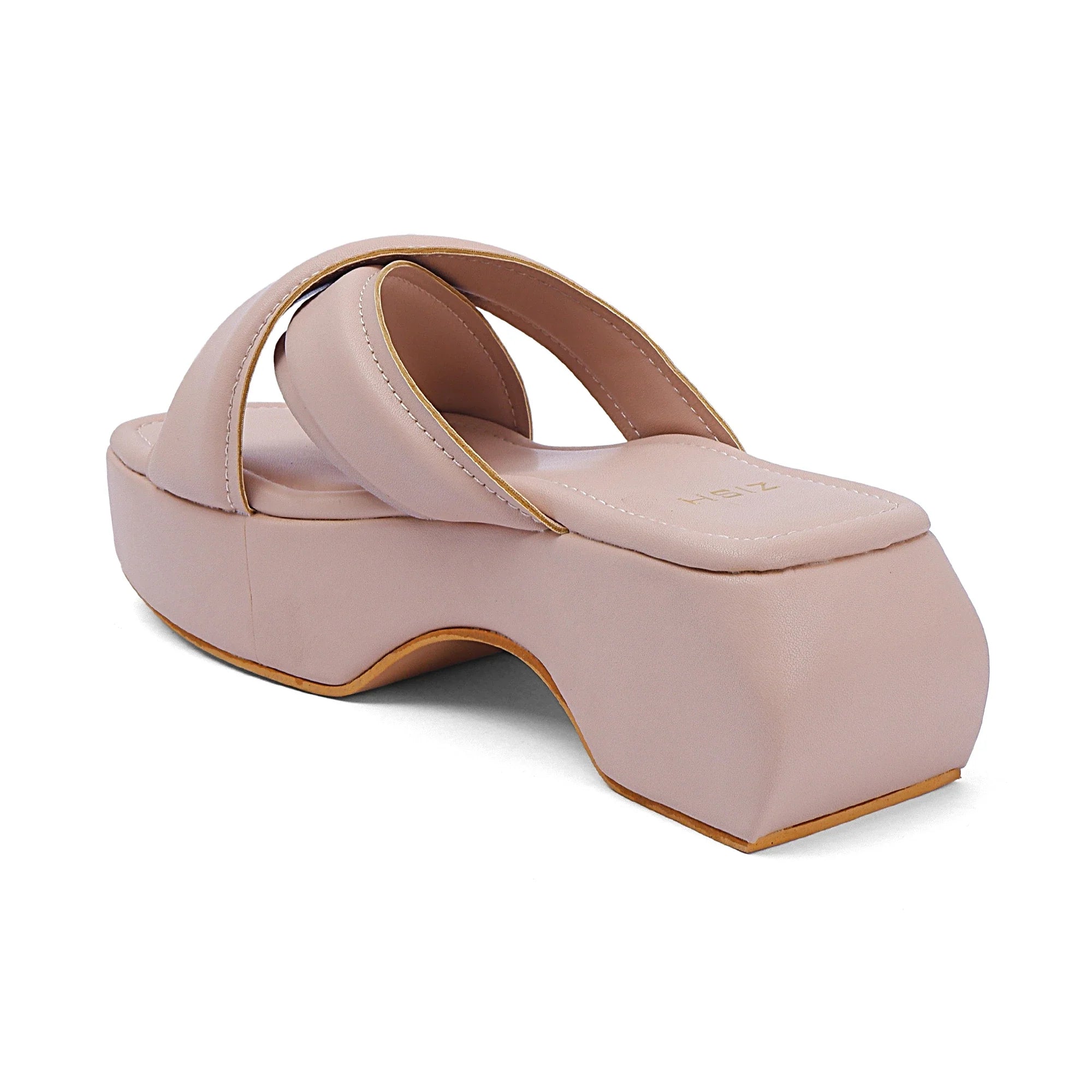 Beige Martha open-toe PU leather heels with a chunky platform and curved sole for casual wear