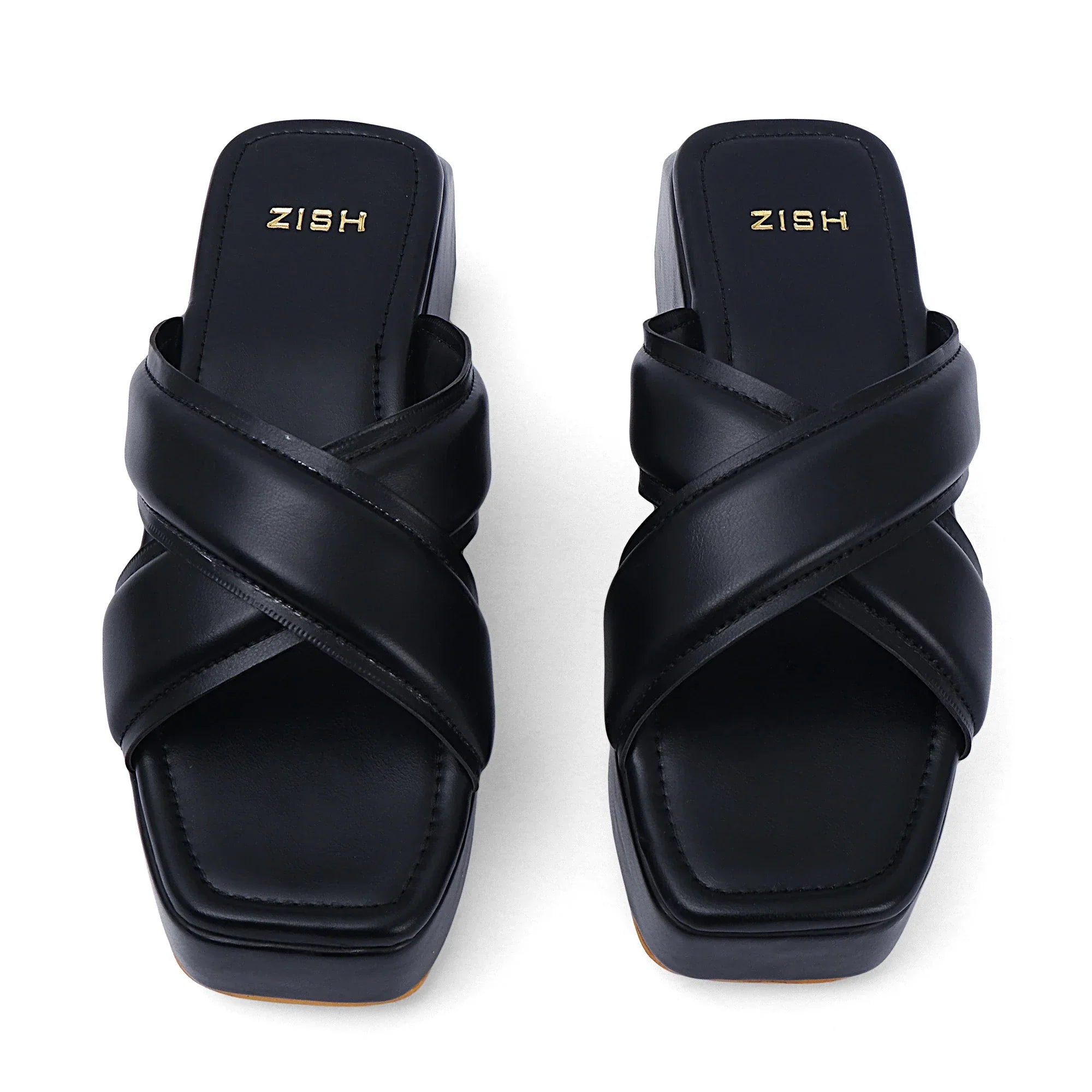 Black Martha Heels open-toe PU leather heels with crisscross straps and TPR sole