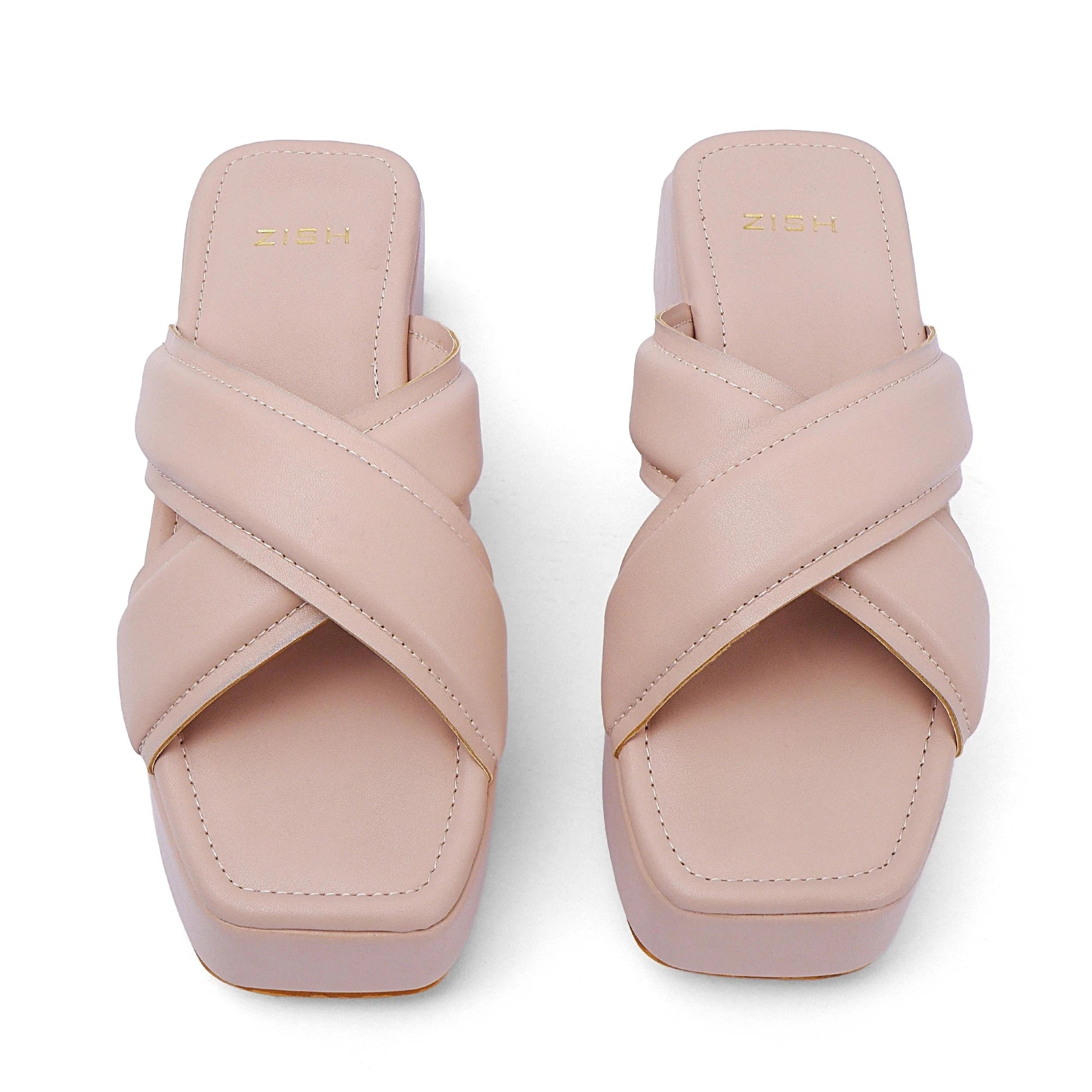 Beige open-toe Martha heels with criss-cross PU leather straps and square toe design