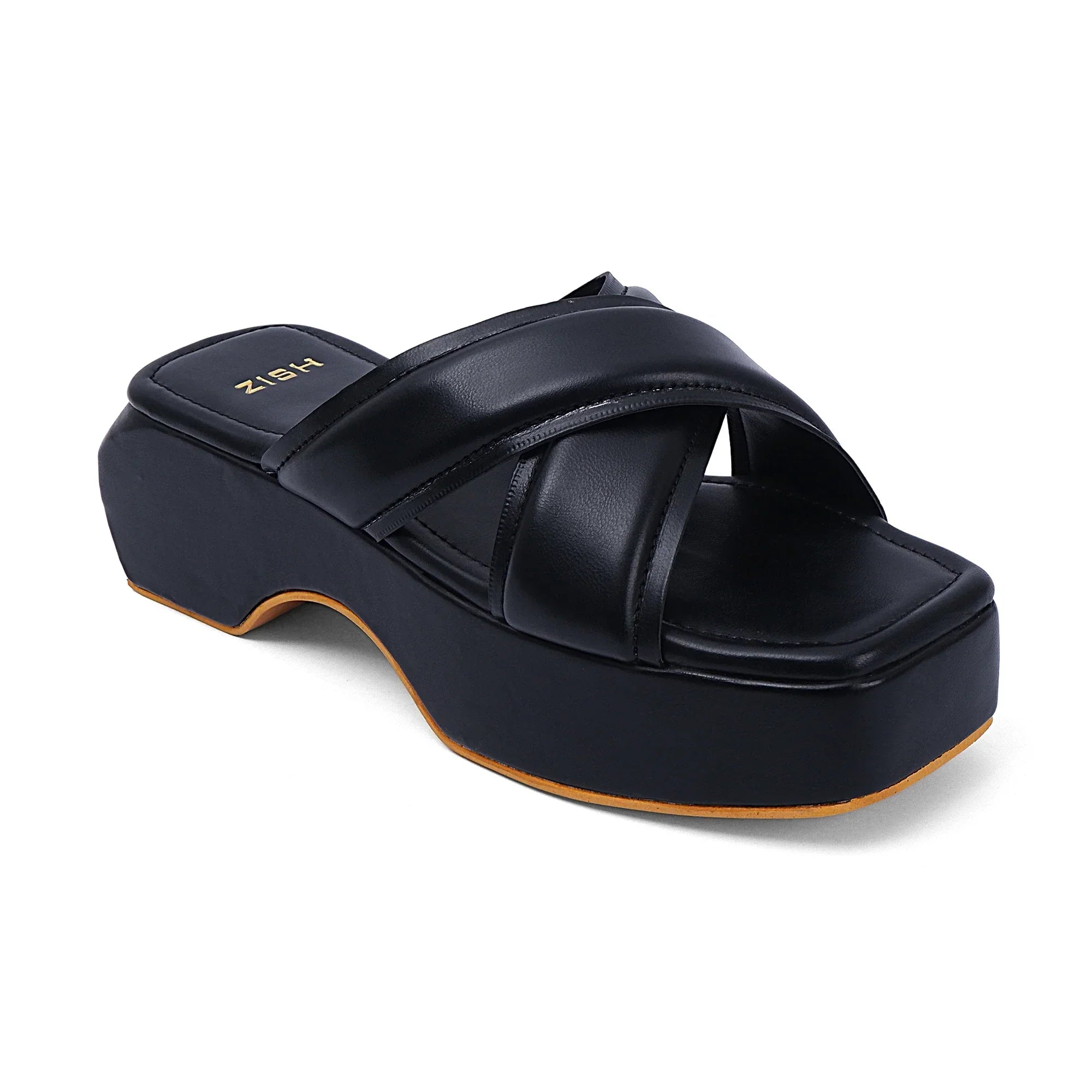 Black Martha Heels platform open-toe PU leather casual slip-on shoes with TPR sole