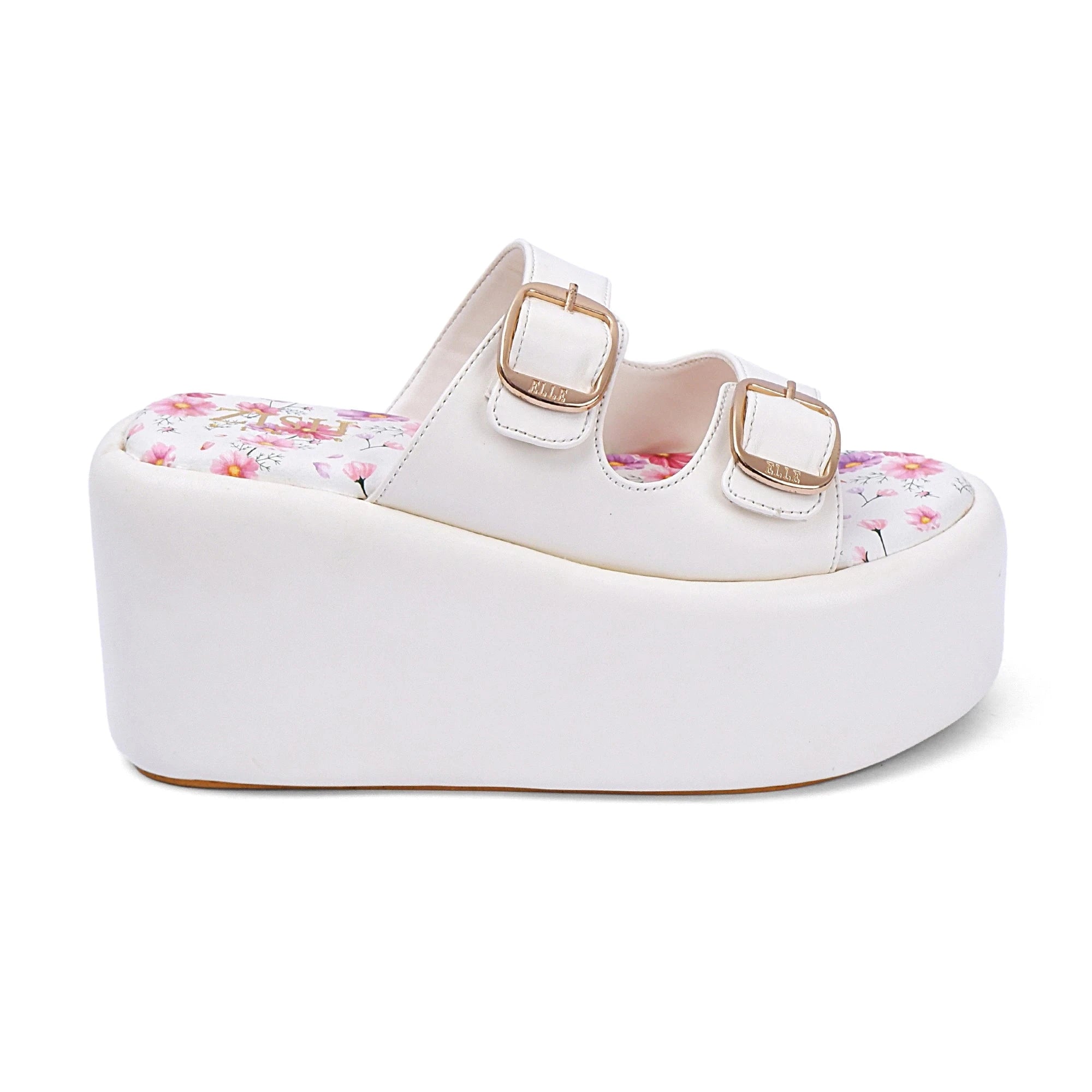 Cream Rio heels platform sandals with floral insole and double buckle straps