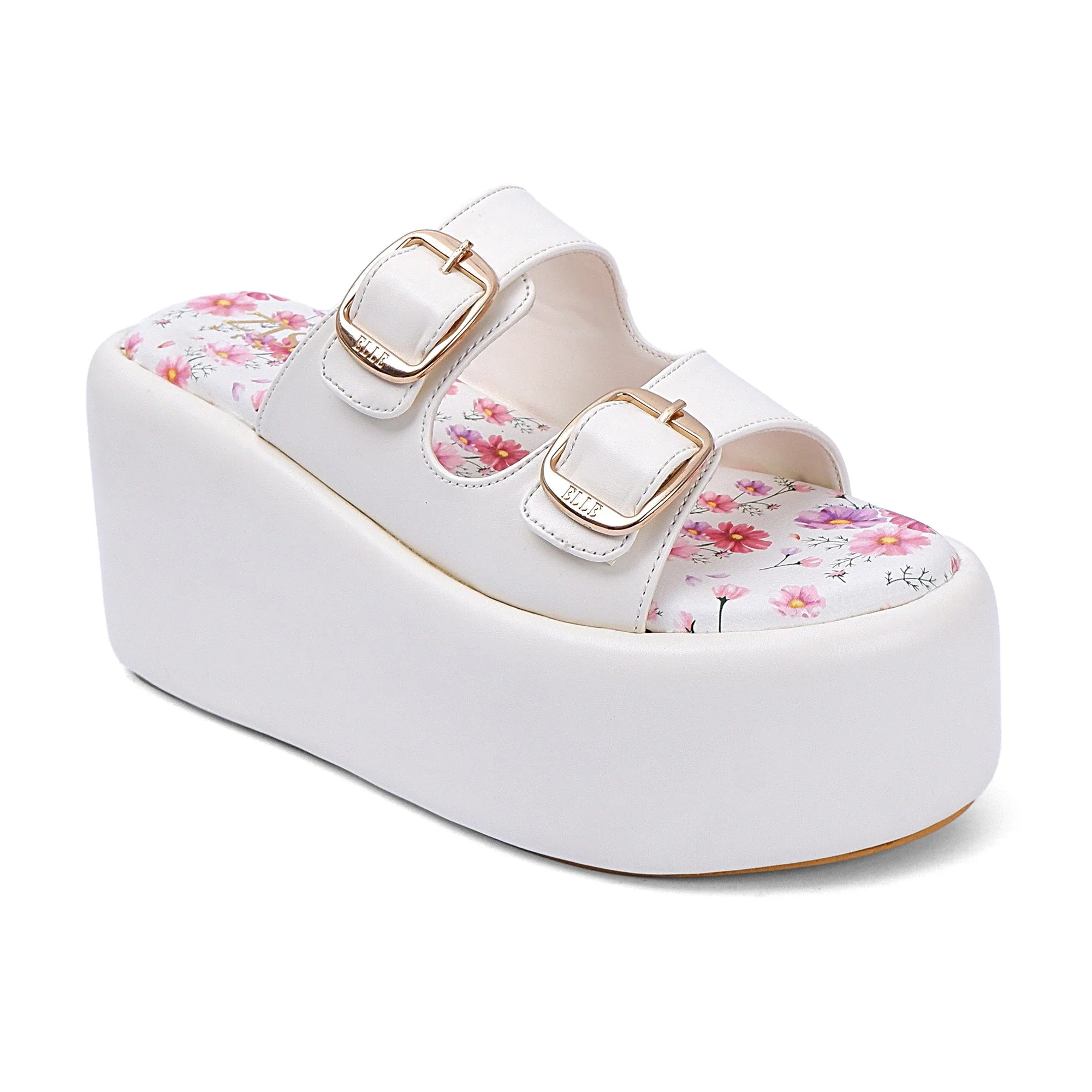 Cream Rio heels with double buckle straps, open toe design, floral insole, and thick platform sole.