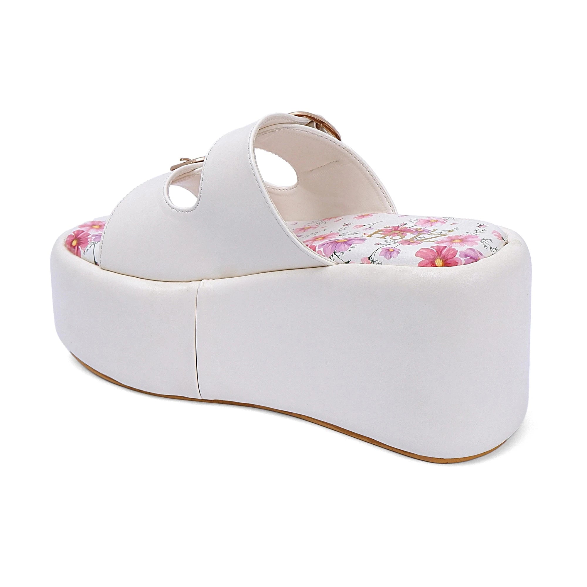 Cream Rio heels with open toe, buckle fastening, and floral insole on a thick platform sole