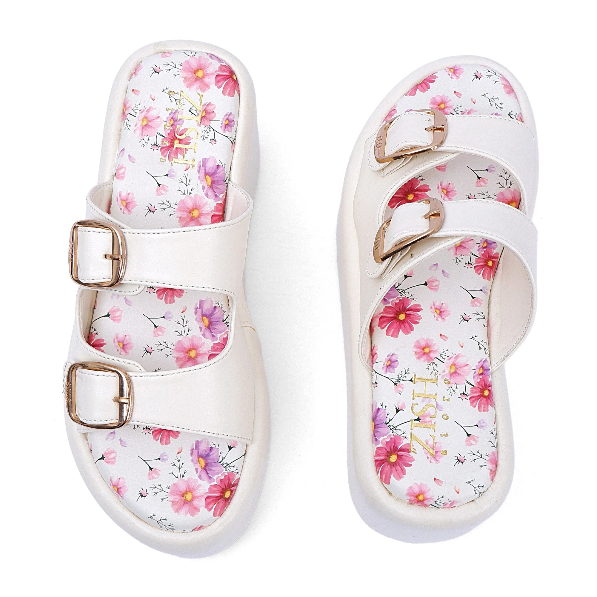 Cream Rio heels with floral cushioned footbed and double buckle straps in premium PU leather