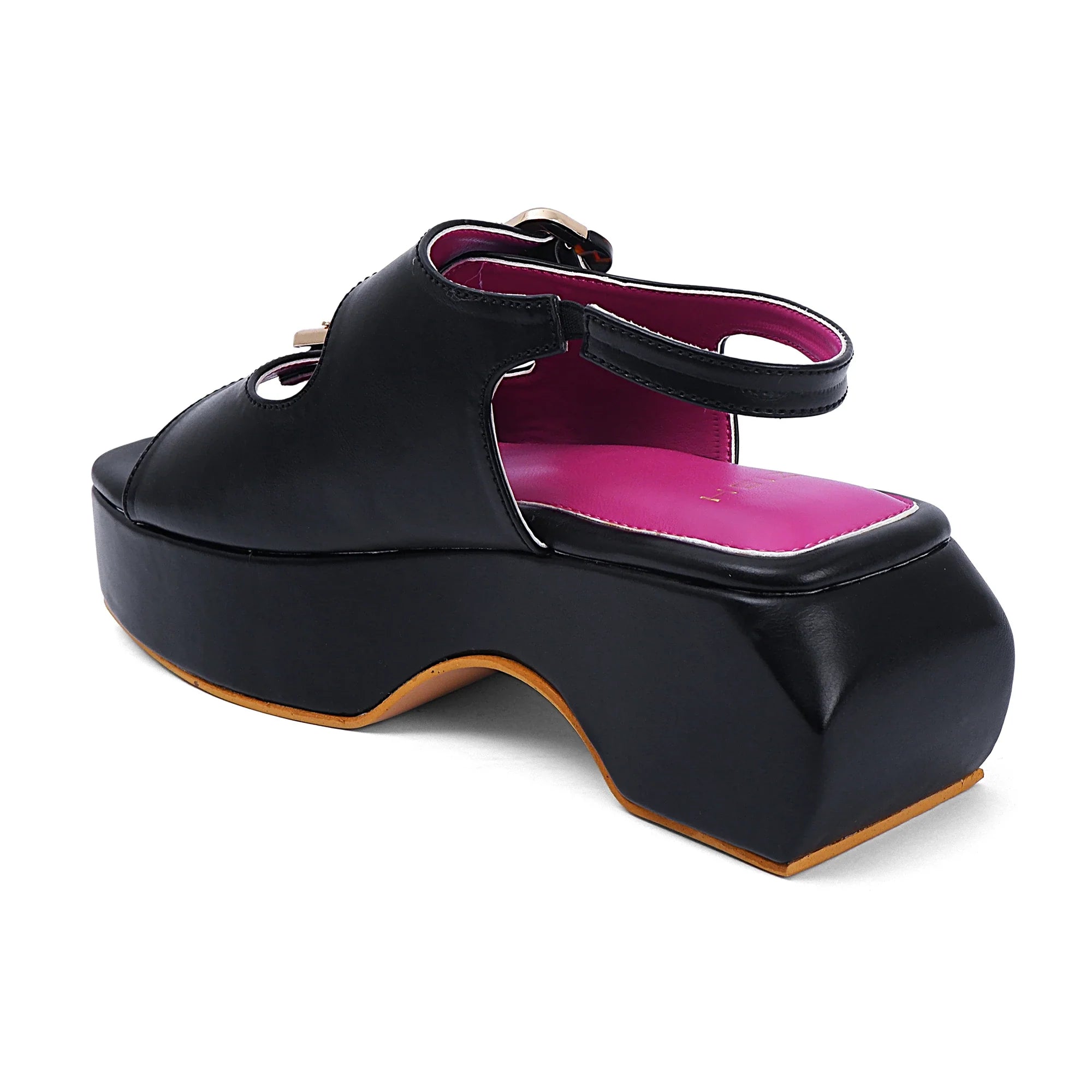 Black Lucy heels with open-toe design, buckle fastening, and thick TPR sole for casual comfort and style