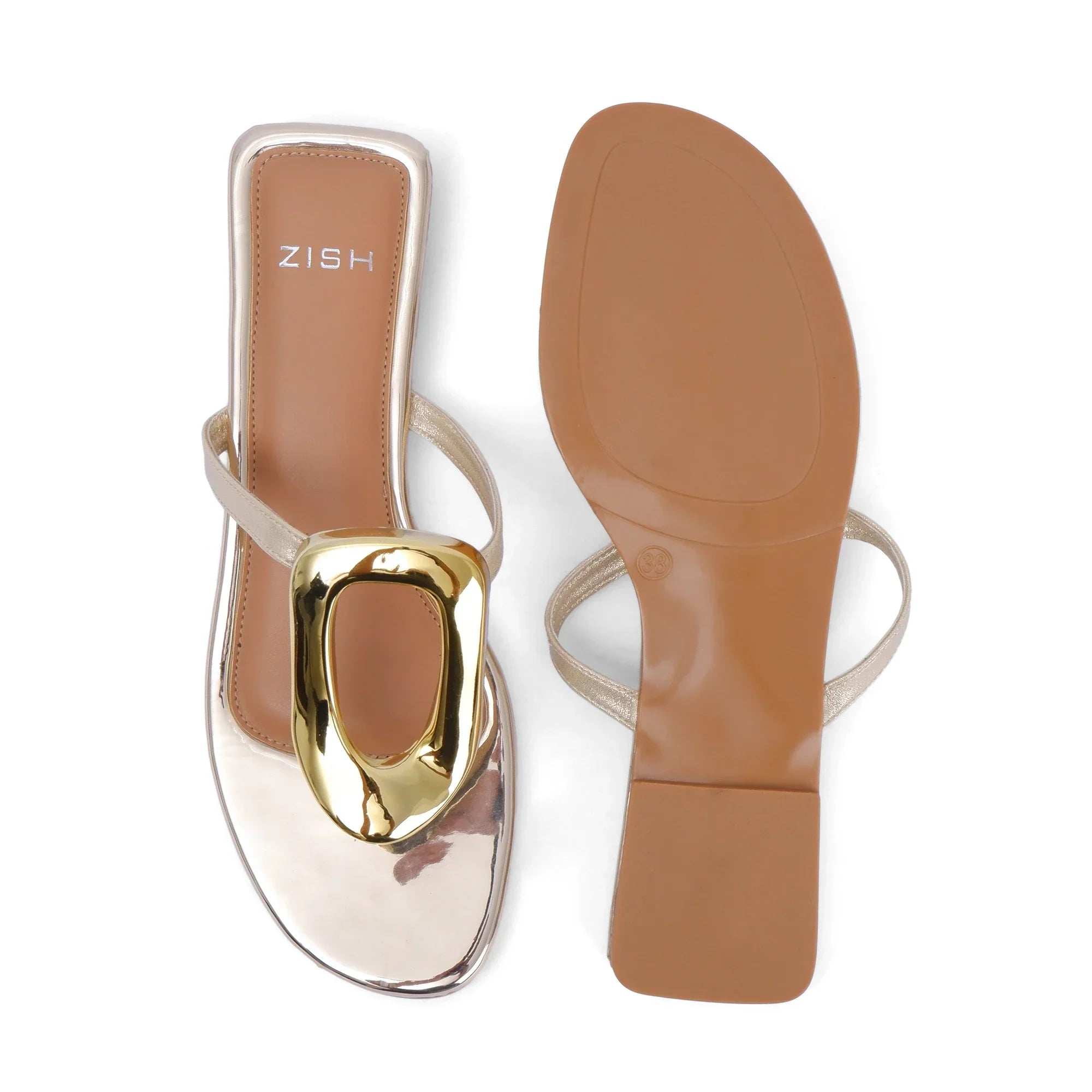 Gold Vegas Flats vegan open-toe PU leather flats with gold buckle and PVC sole, casual elegant footwear
