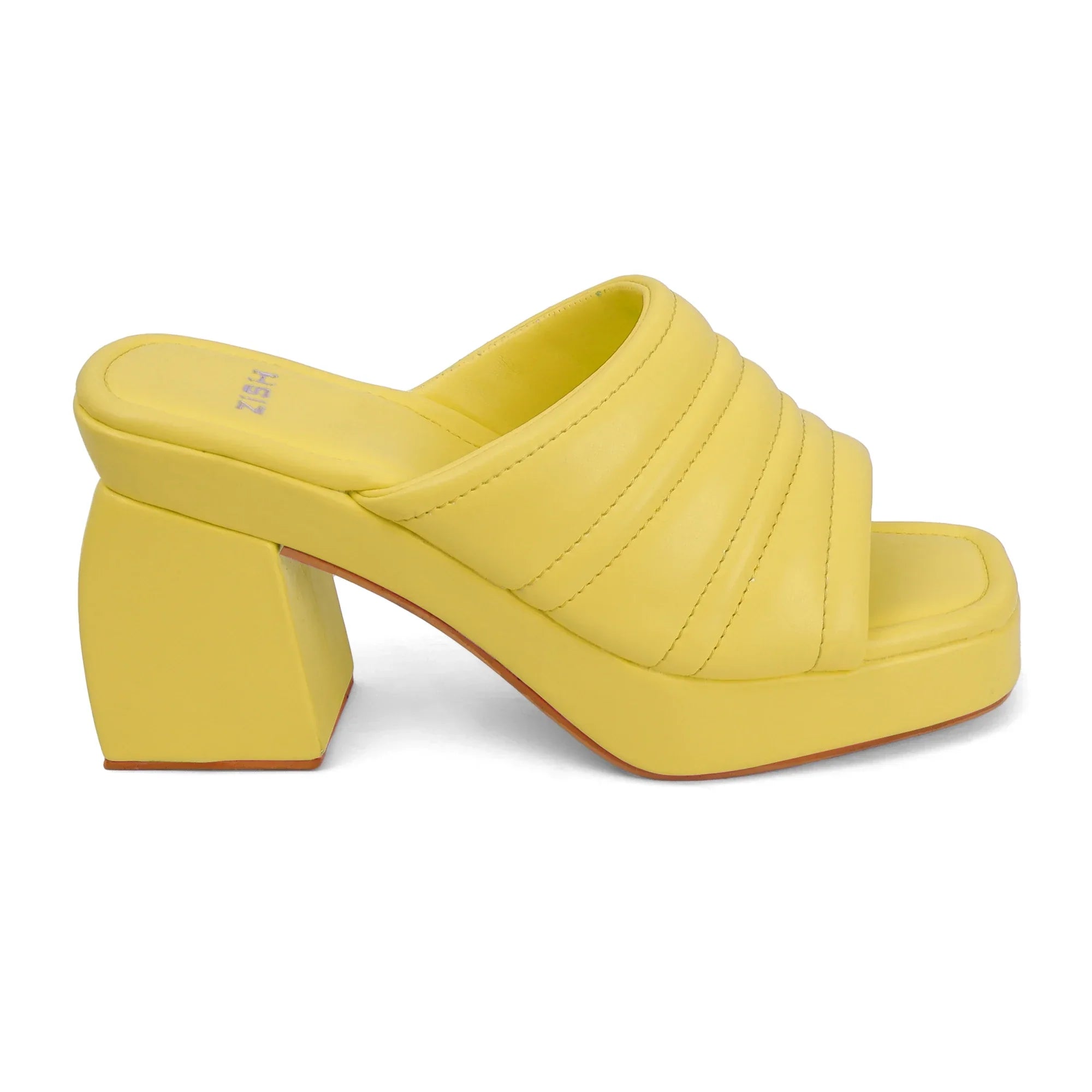 Yellow Candy Floss open-toe PU leather heel with quilted design and chunky block heel.