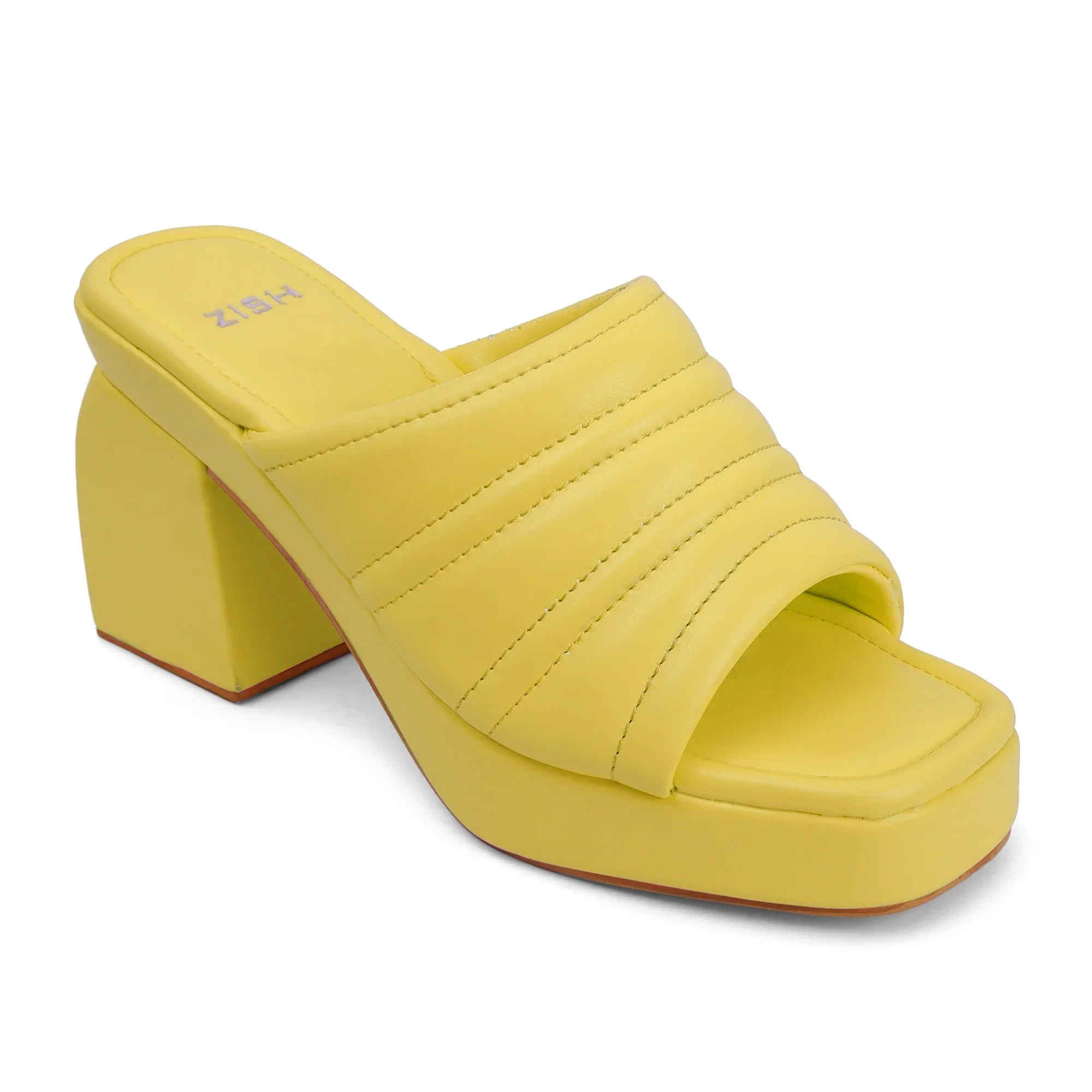Yellow Candy Floss open-toe PU leather heel with detailed stitching and chunky TPR sole