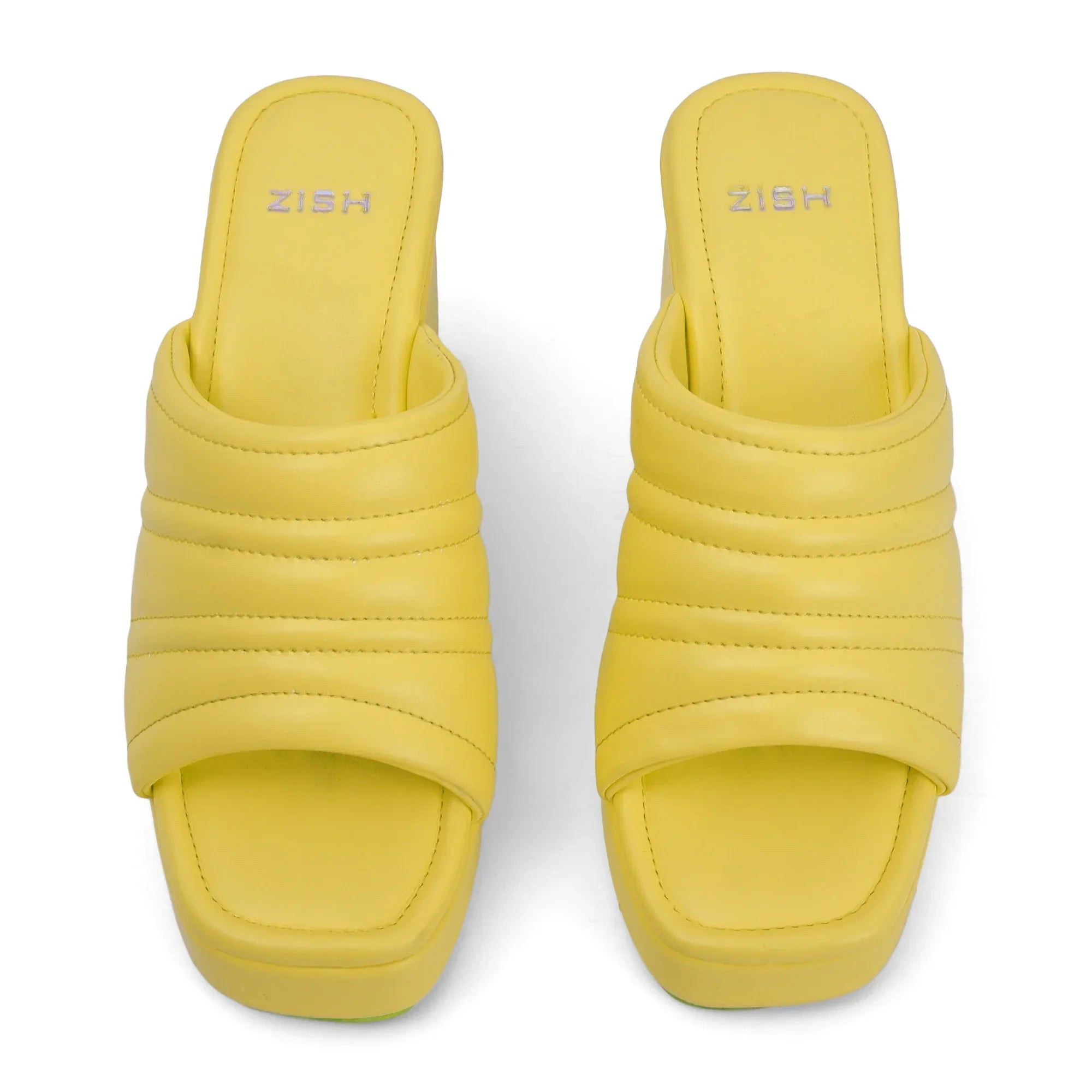 Pair of yellow open-toe Candy Floss heels made of smooth PU leather with detailed stitching and TPR sole for casual wear.
