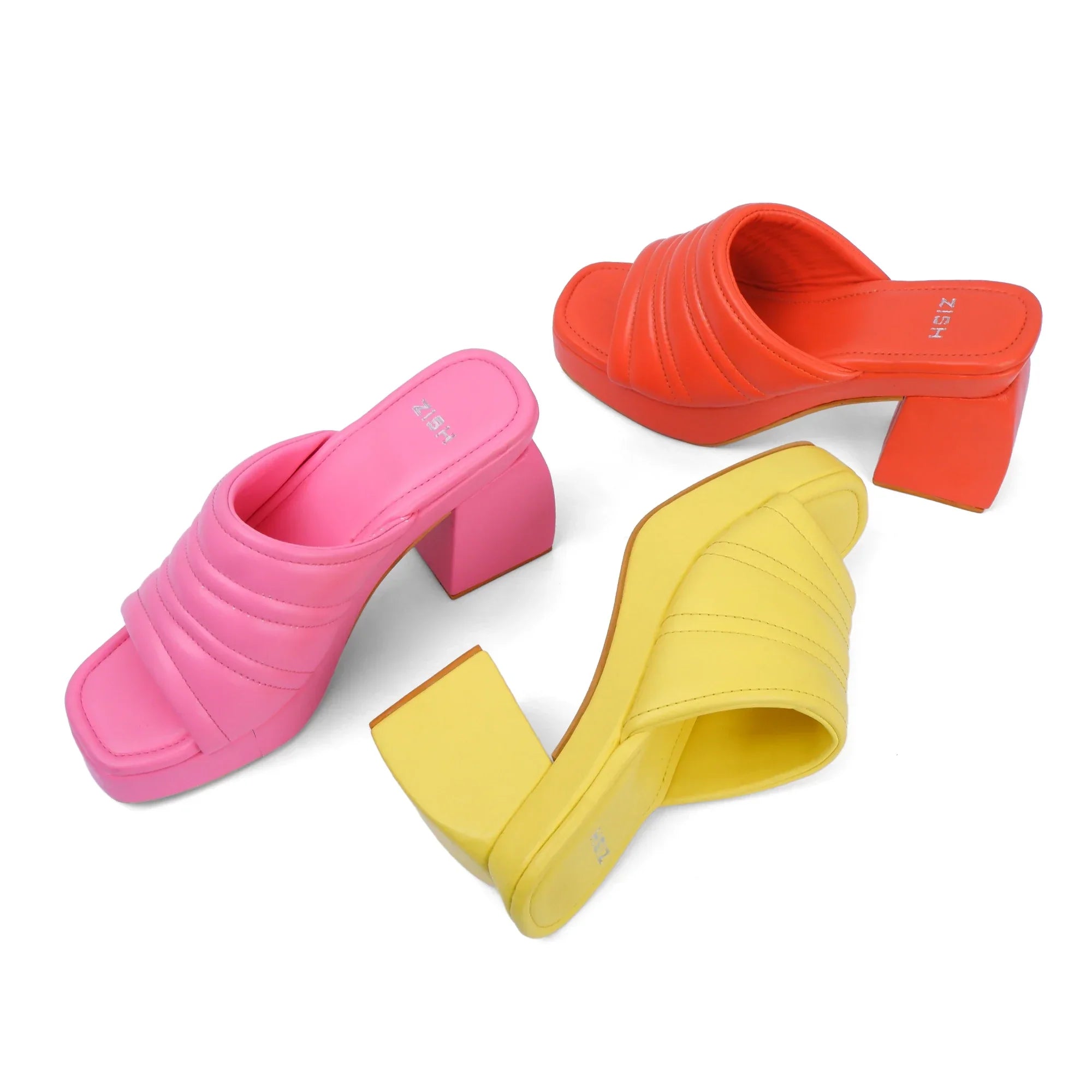 Yellow Candy Floss open-toe PU leather heels with block heels in vibrant yellow, pink, and orange colors.