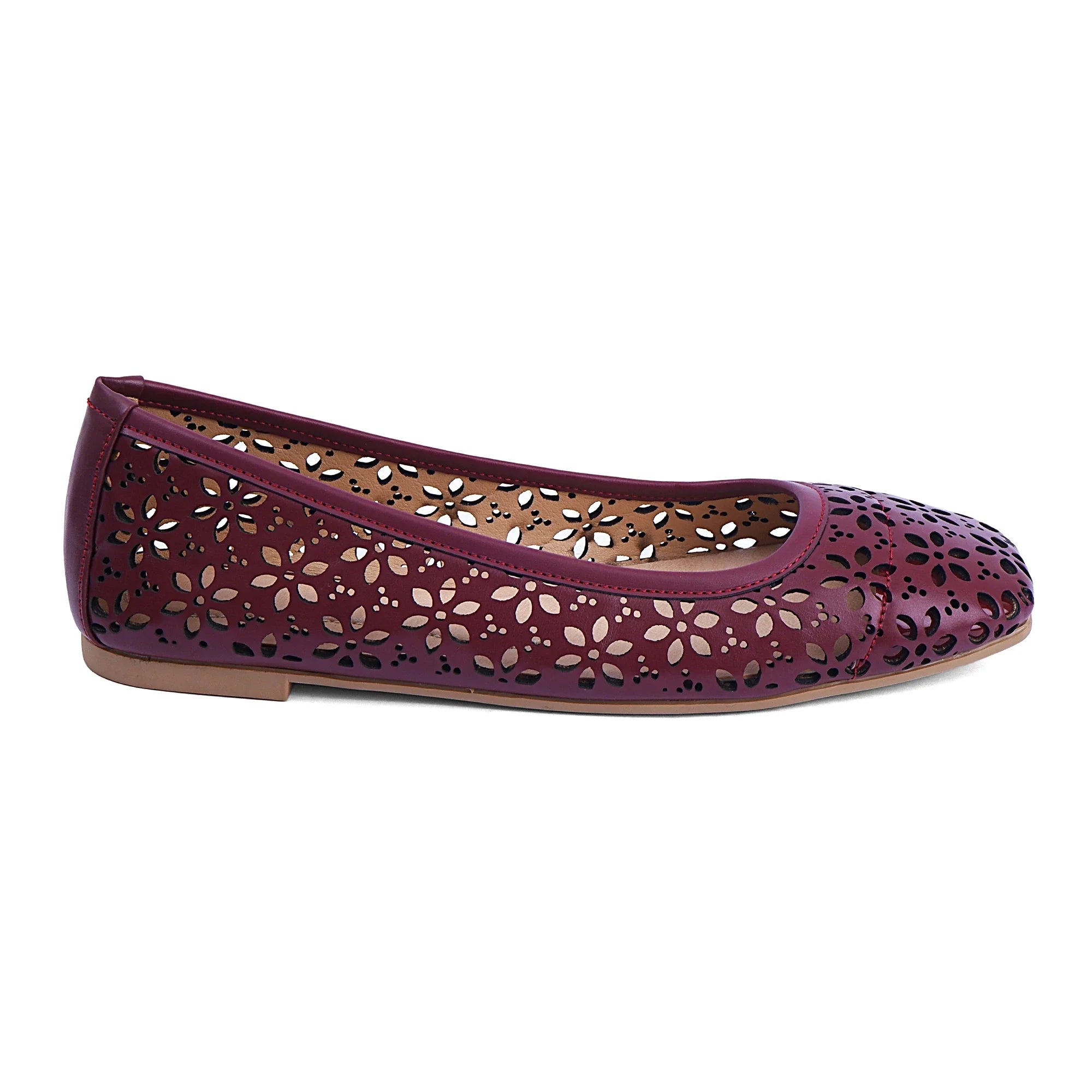 Maroon PU leather closed-toe flat shoe with laser-cut floral detailing and silicone sole for casual wear.