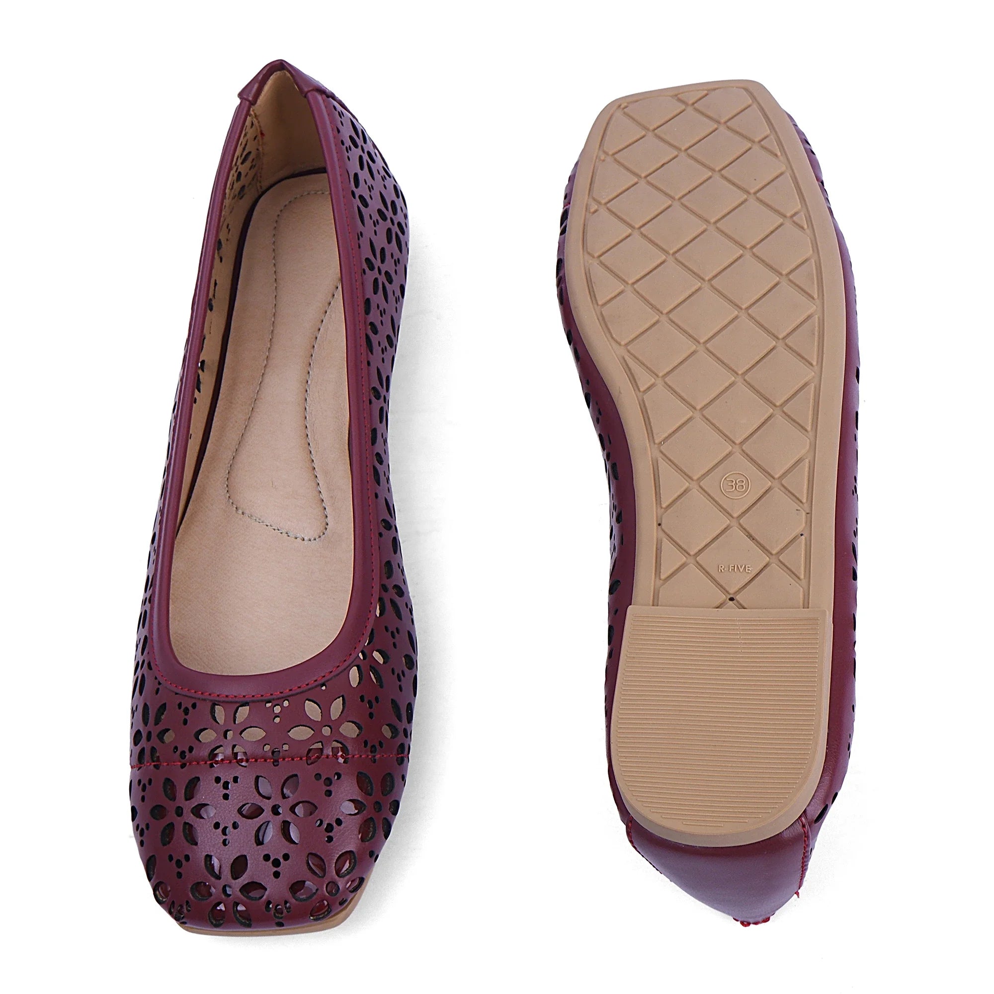 Maroon Charlotte leather shoes with laser-cut detailing and silicone sole, closed-toe design