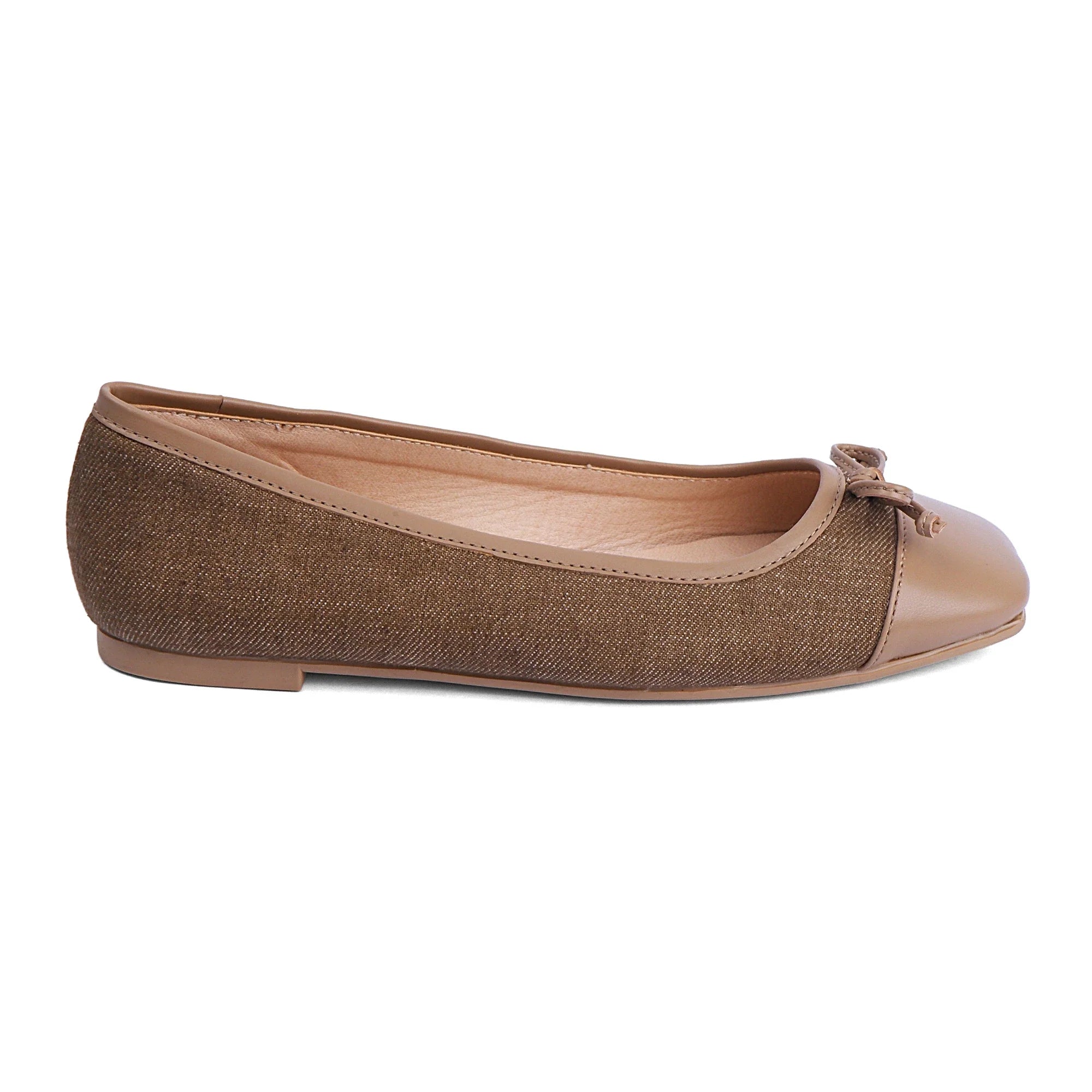 Charlotte your go-to casual closed-toe belly flat in brown PU leather with denim finish and silicone sole