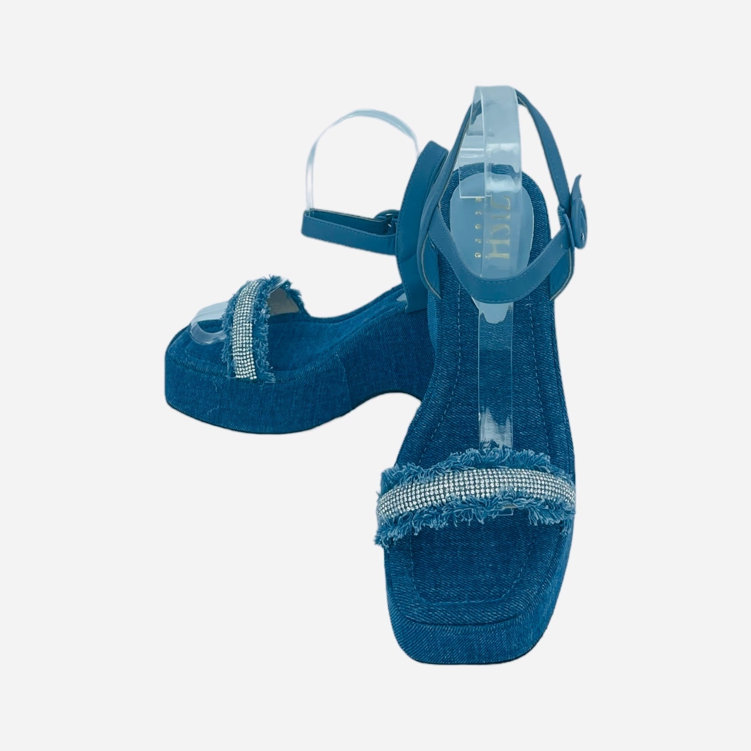 Blue denim wedge sandals with diamond accents and open toe design