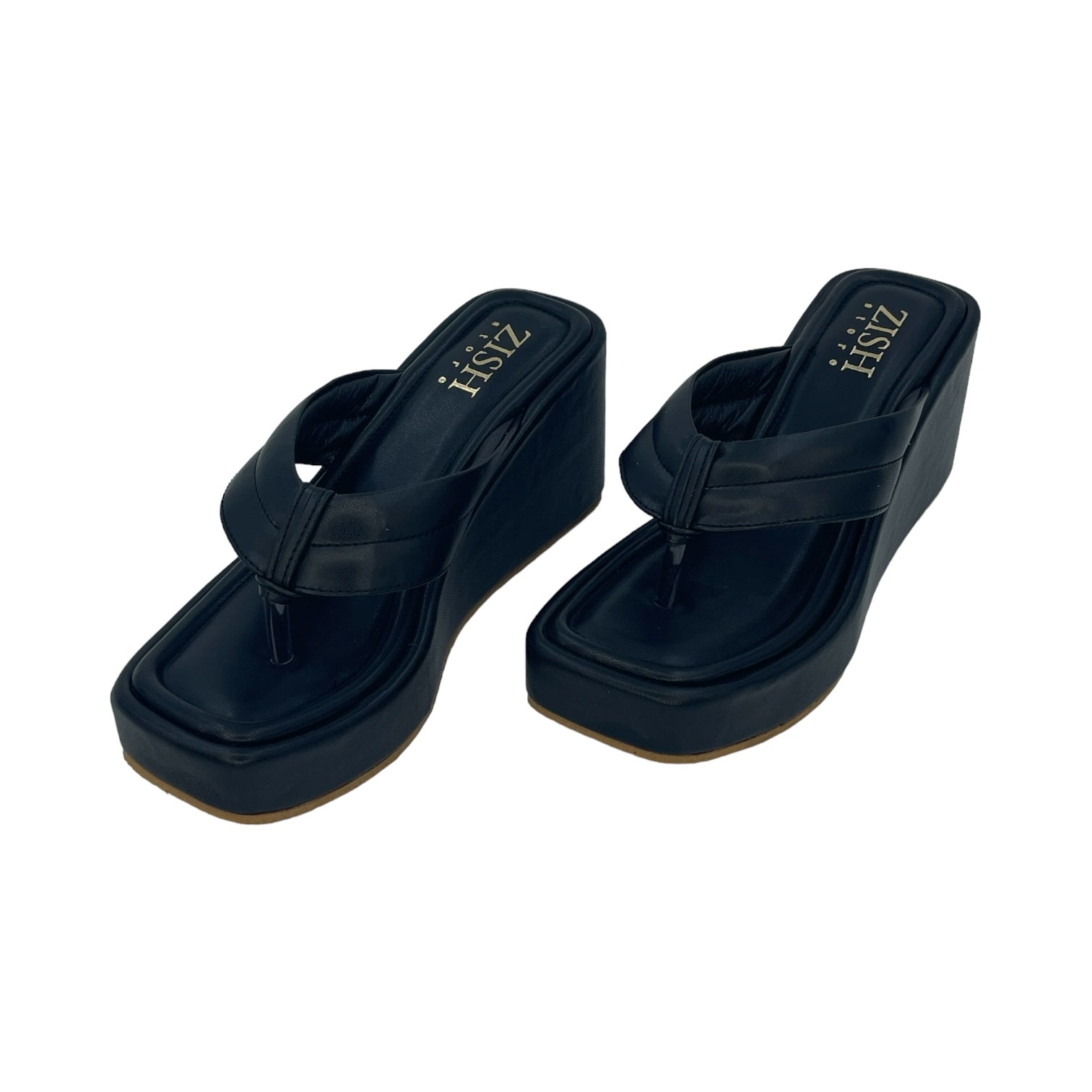 Black Way too Simple Slides black vegan leather platform wedge sandals with open toe and TPR sole