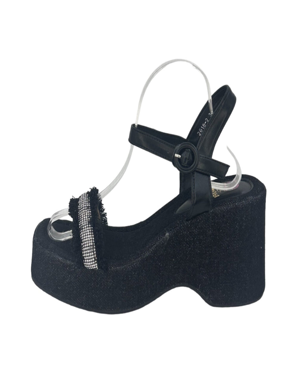 Black denim wedge sandals with open toe and 3-inch heel featuring rhinestone detail and ankle strap