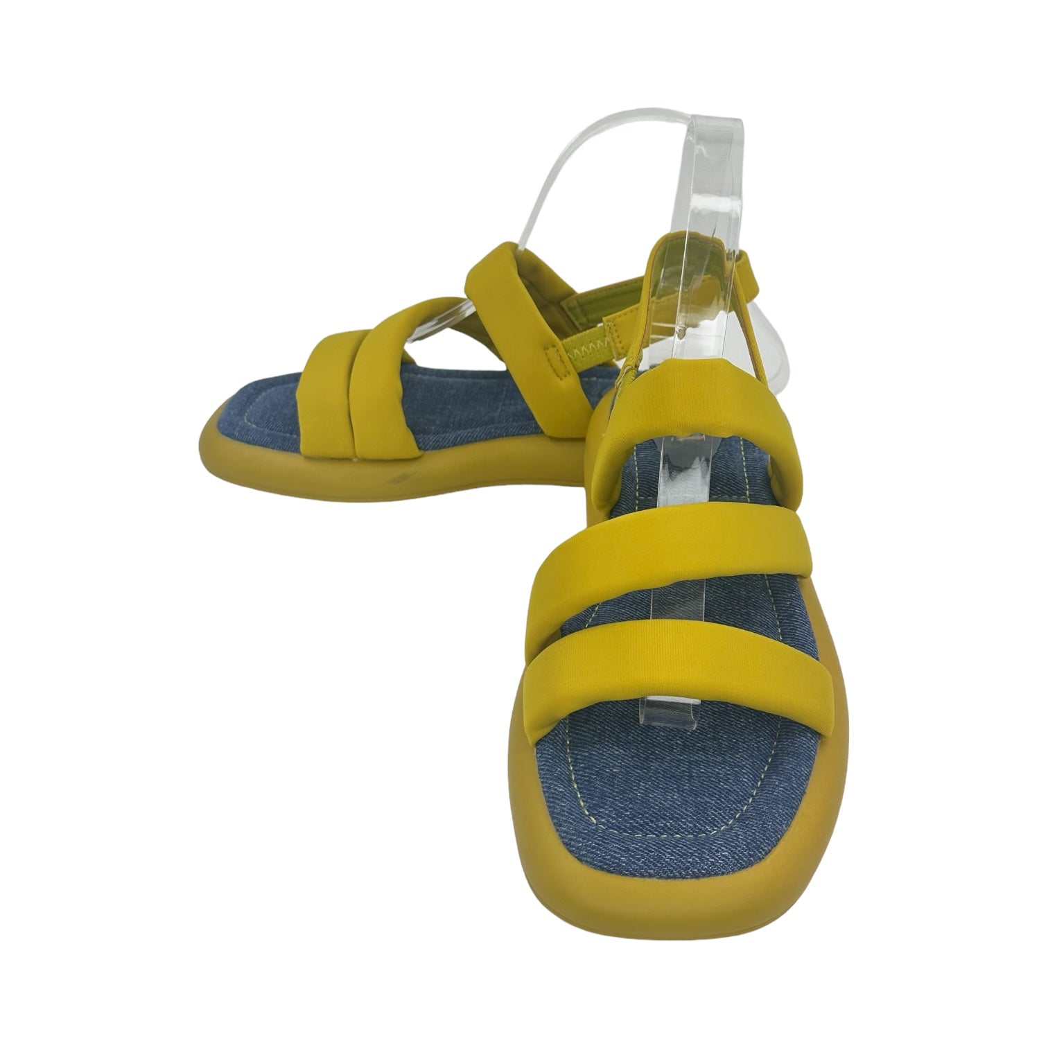 Yellow Beachy Bliss Sandals with neon yellow PU vegan leather straps and denim insole, flat PU sole, open toe design.