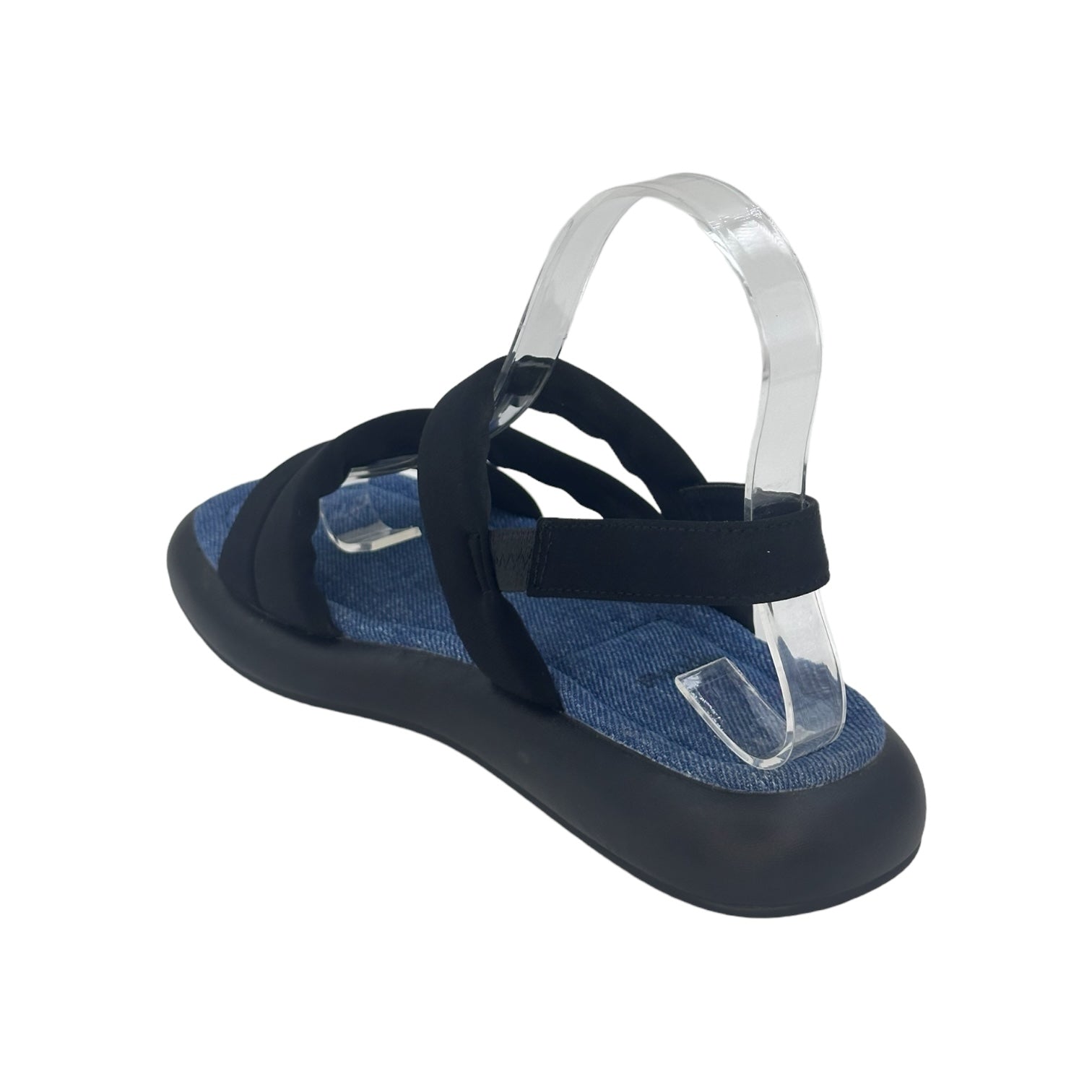 Black beach-inspired flat sandals with elastic straps and PU sole for casual and beachwear.