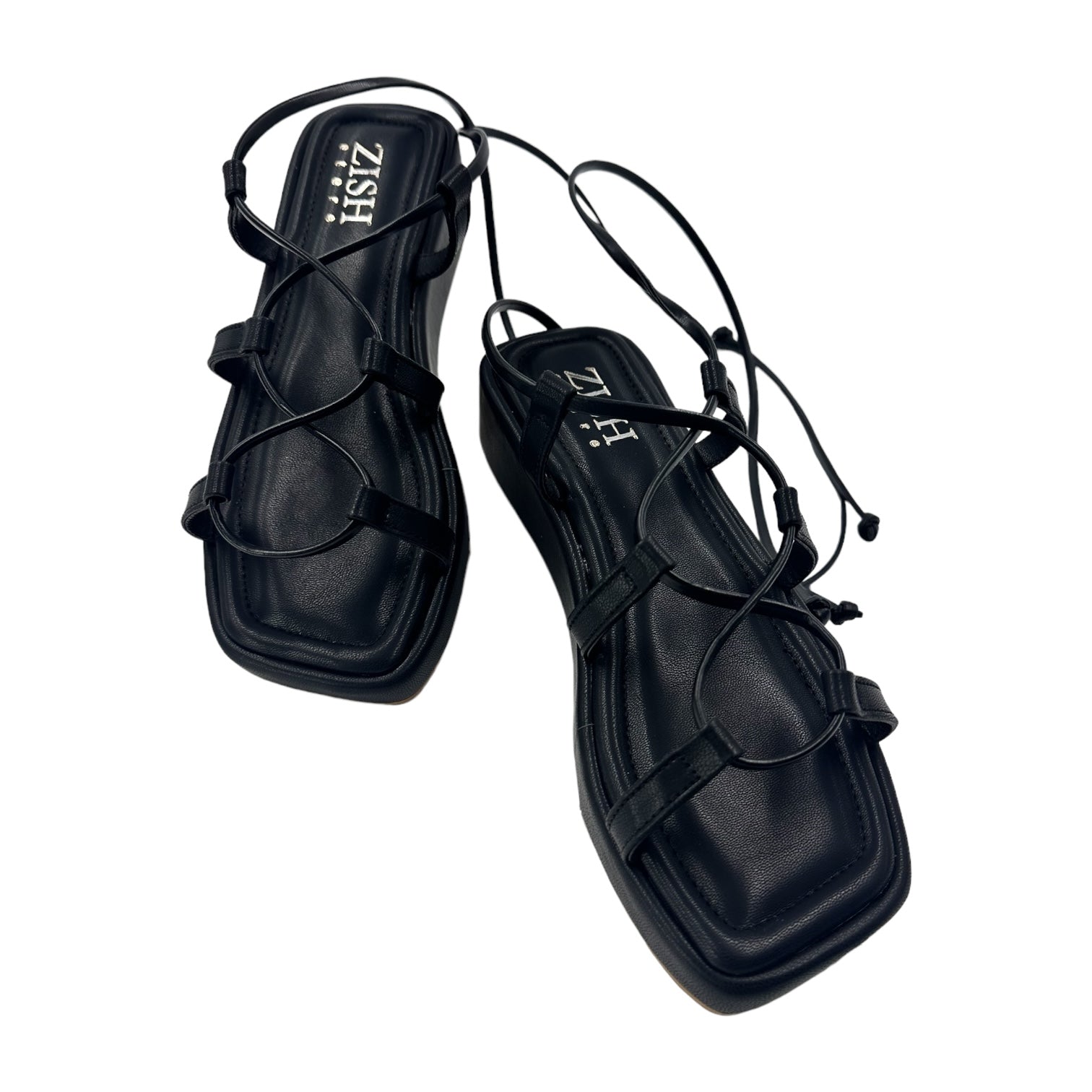Black Platform Tie ups flats with open toe and thin tie-up straps on 1-inch sole