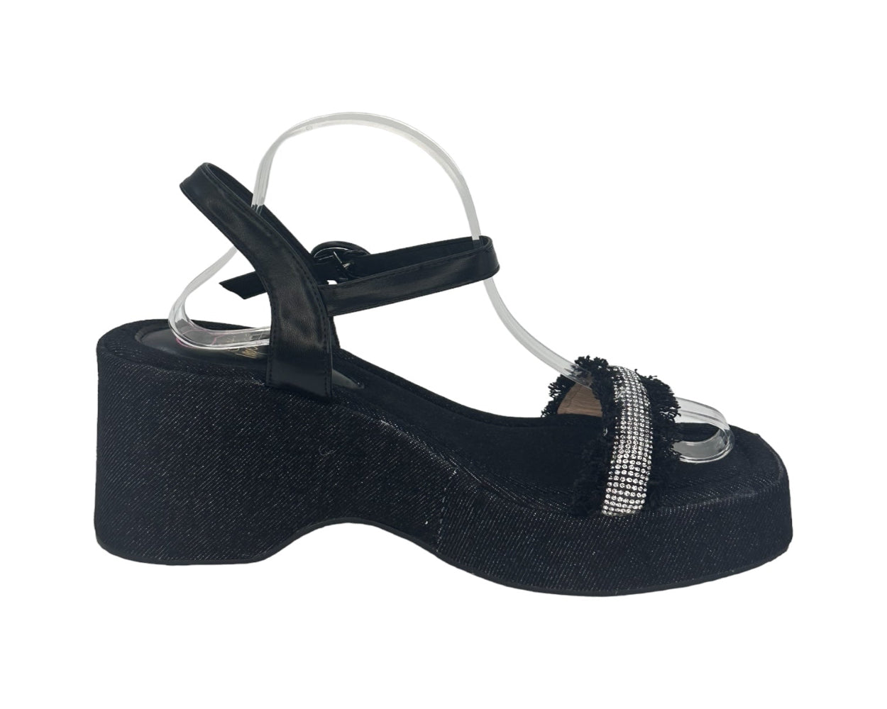 Black denim wedge sandals with open toe and diamond embellishments on beach style platform heel