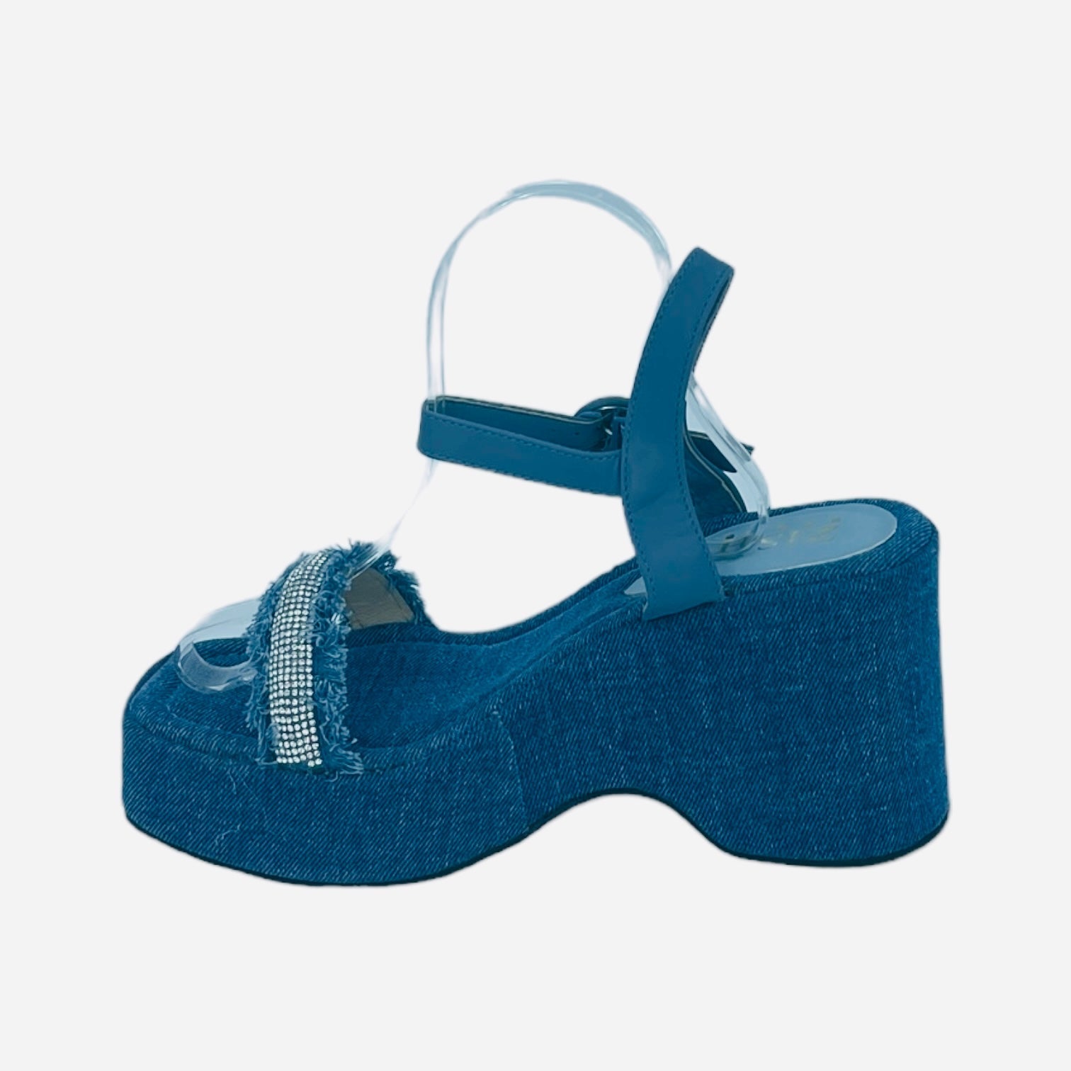 Blue denim wedge sandals with open toe and diamond embellishments, 3-inch heel, semi-casual style