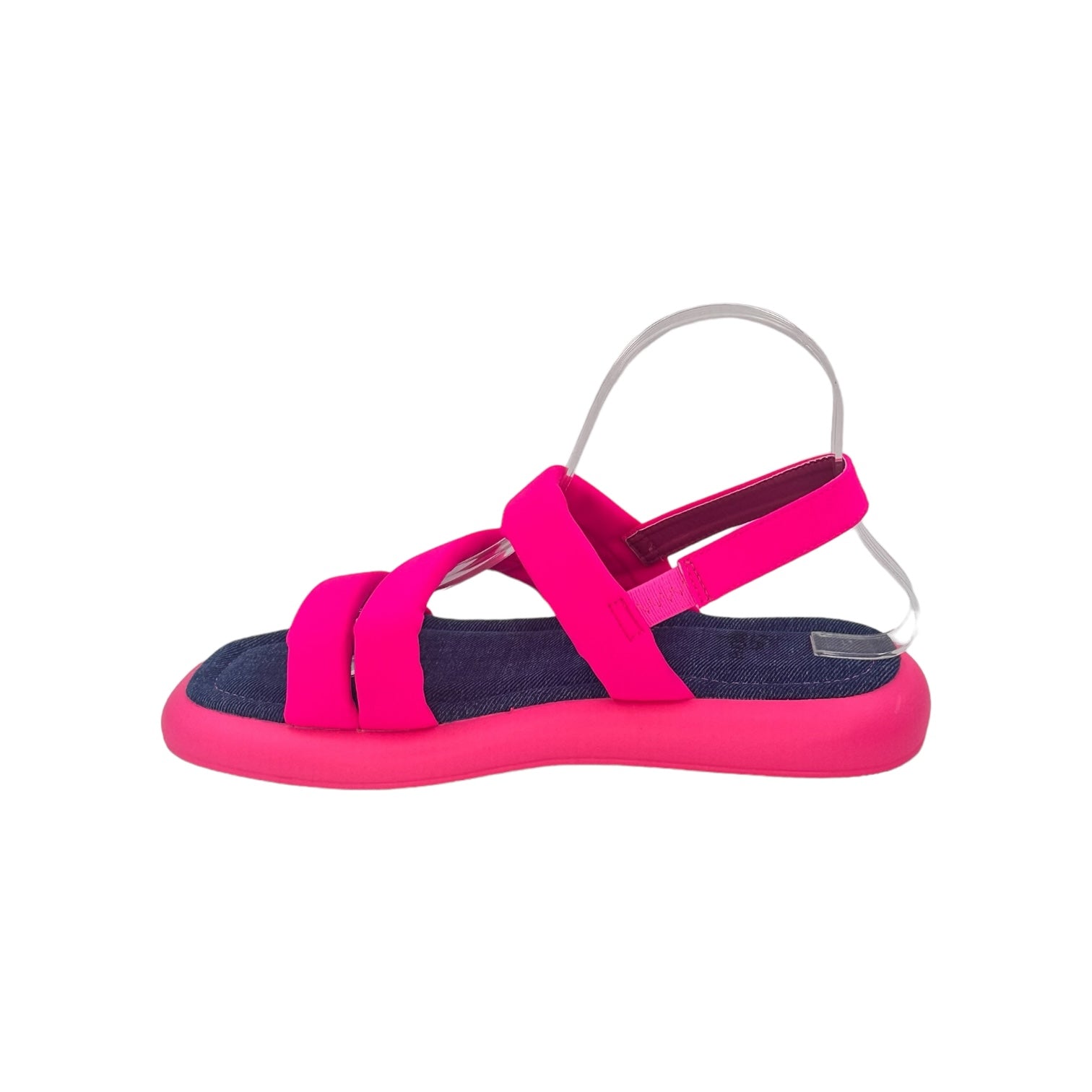 Pink beach-inspired flat sandals with neon straps and open toe design