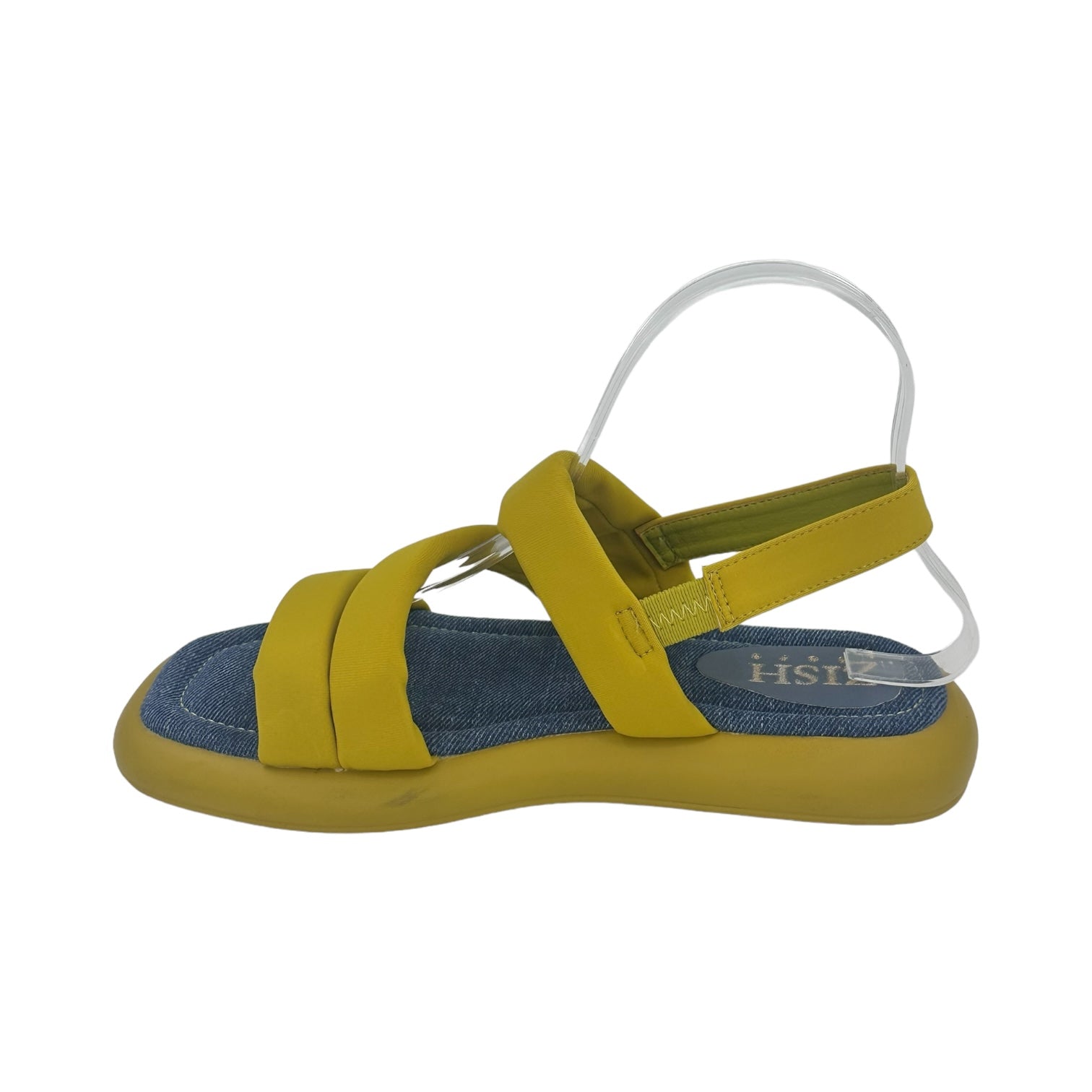 Yellow Beachy Bliss Sandals with neon yellow vegan leather straps, blue cushioned footbed, flat PU sole, and elastic back strap for a comfortable summer look