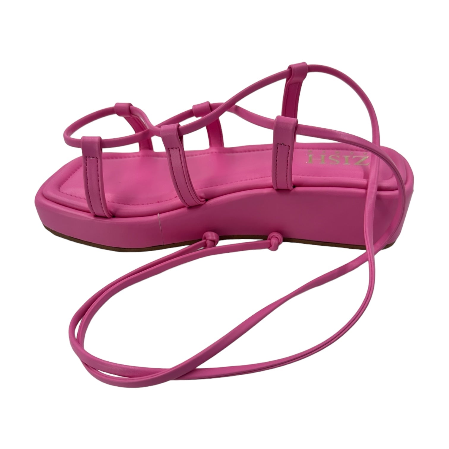 Pink platform tie-up sandals with 1-inch sole and open toe design