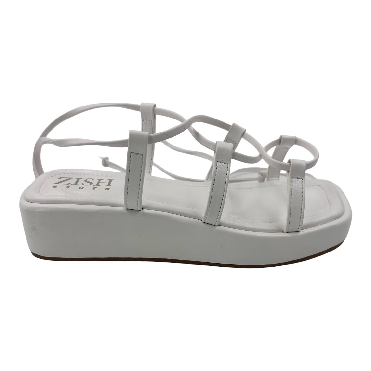 White platform tie ups flats sandal with 1-inch sole and vegan leather straps