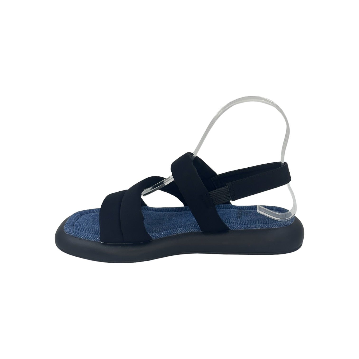 Black beach-inspired sandals with elastic straps and flat PU sole for casual summer wear