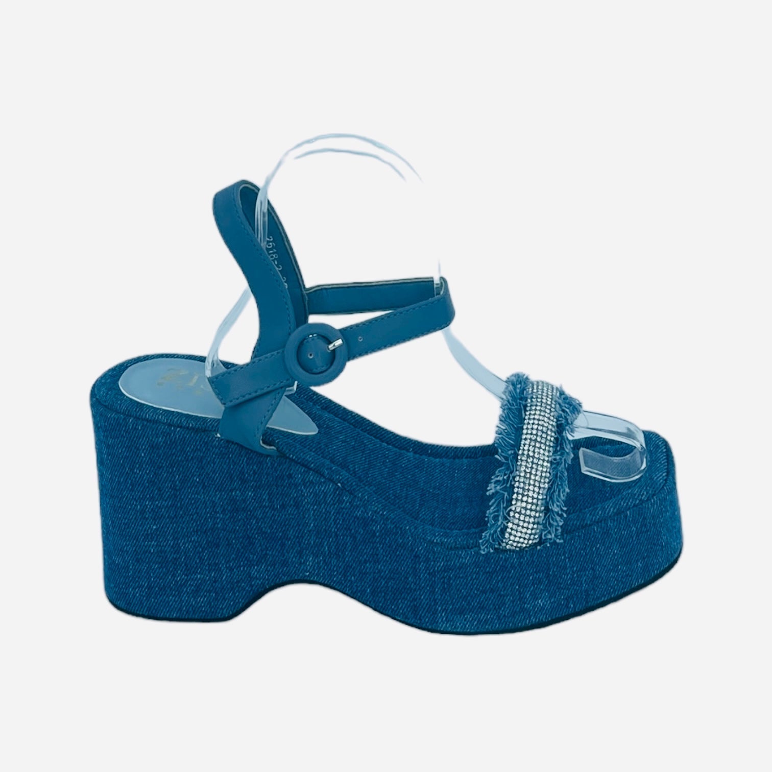 Blue denim wedge sandals with open toe and diamond embellishments, 3-inch heel, semi-casual style