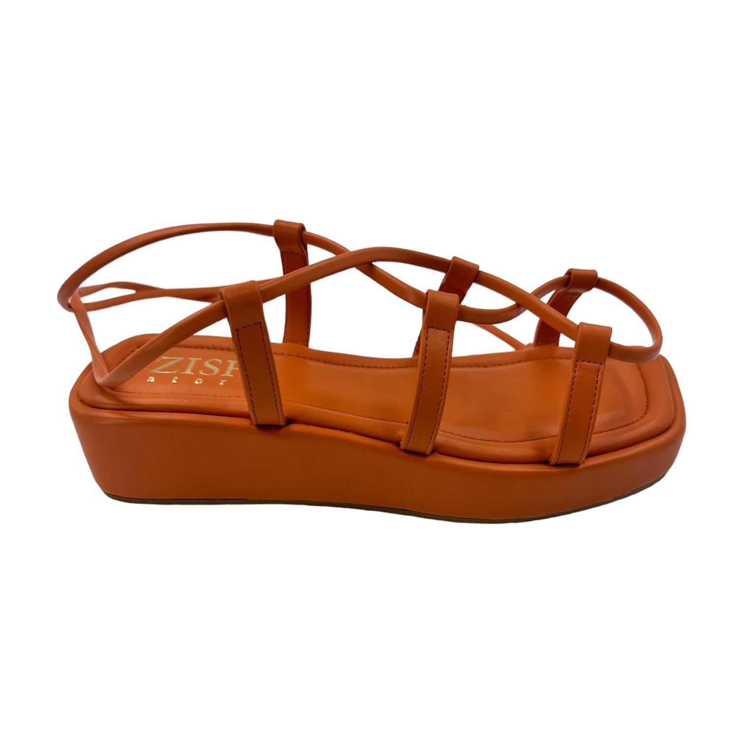 Orange vegan leather platform sandals with 1-inch sole and tie-up straps