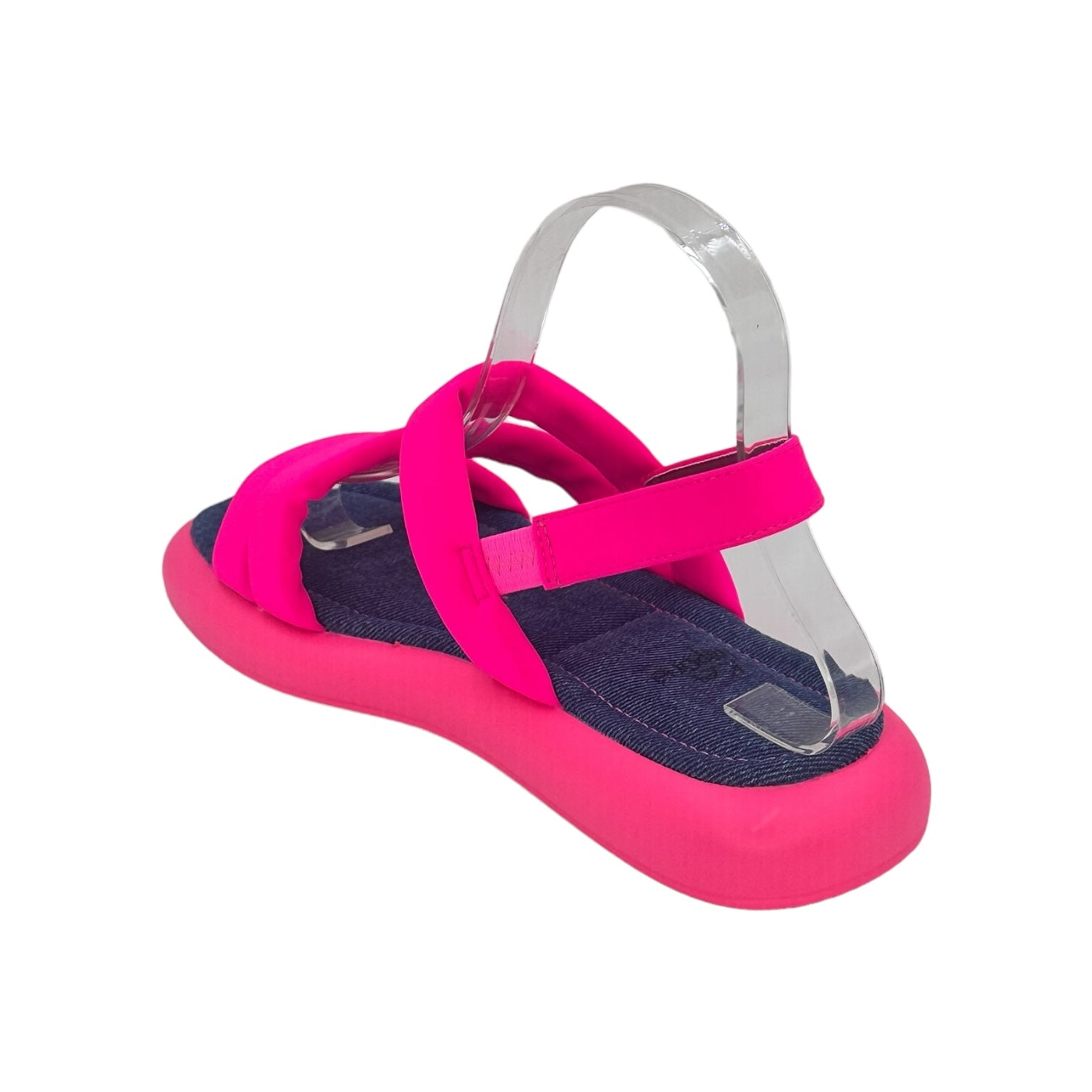 Pink beach-inspired sandals with neon pink PU vegan leather straps and flat PU sole.