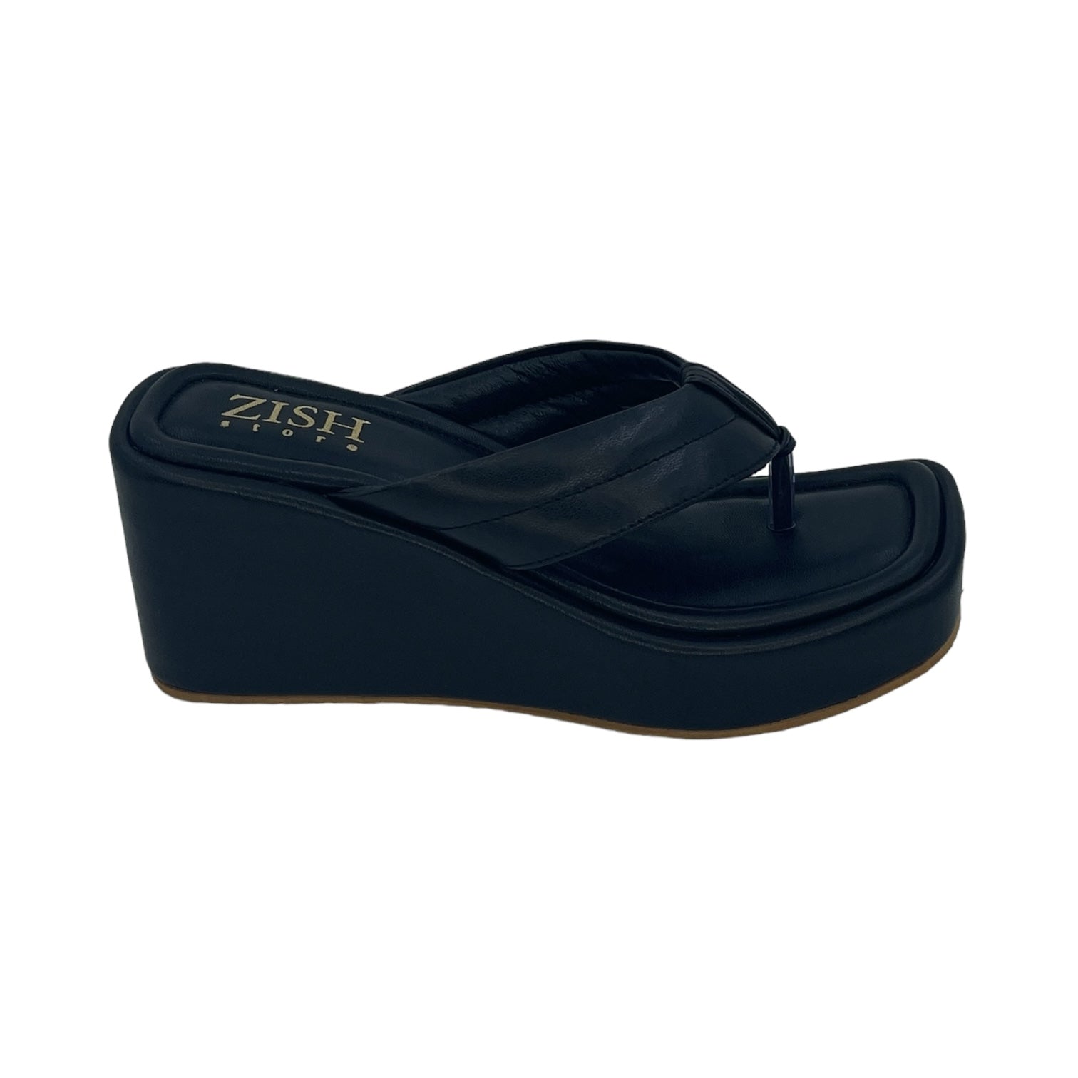 Black wedge platform slides with open toe and simple strap in vegan leather