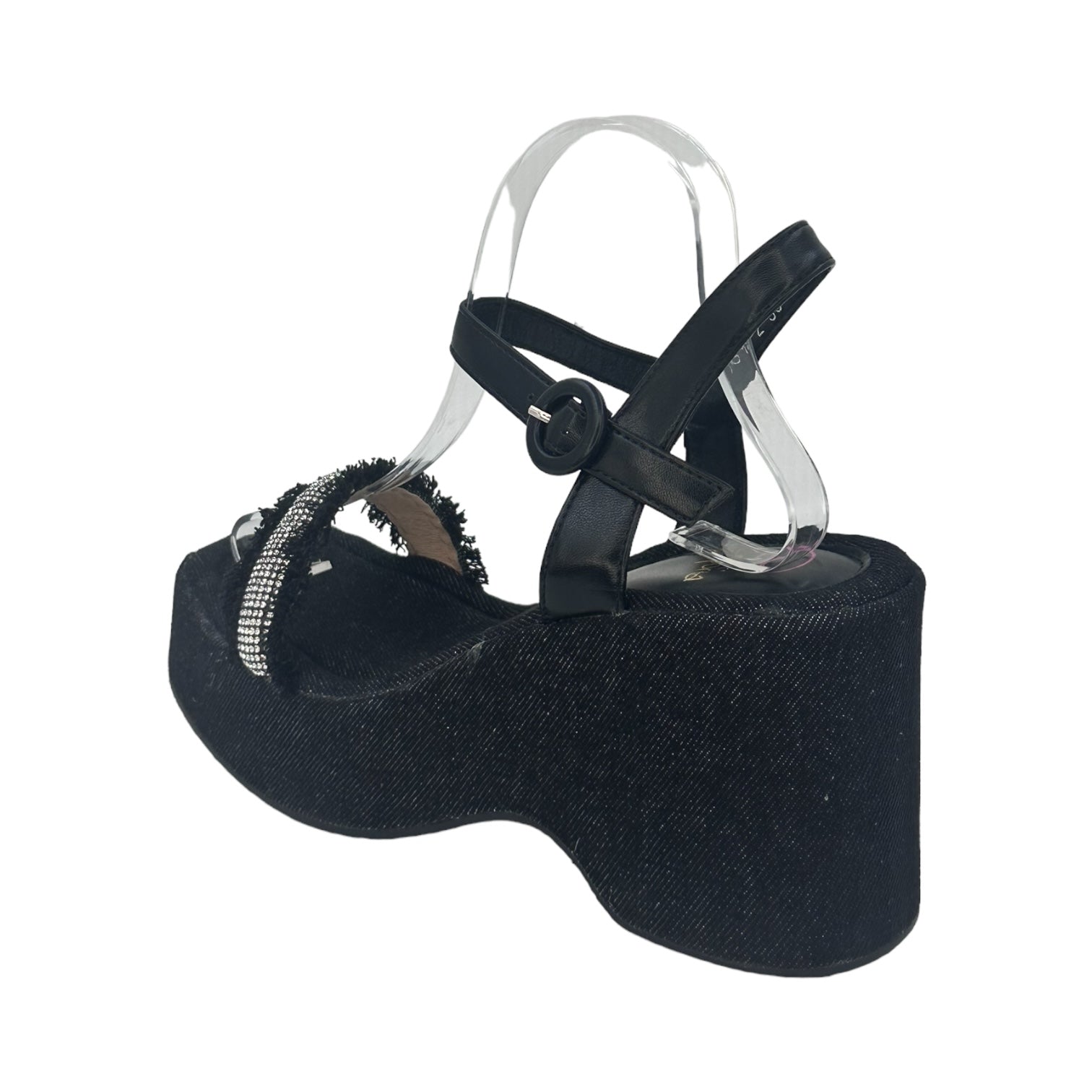 Black denim wedge sandals with open toe and ankle strap featuring diamond embellishments and a 3-inch heel