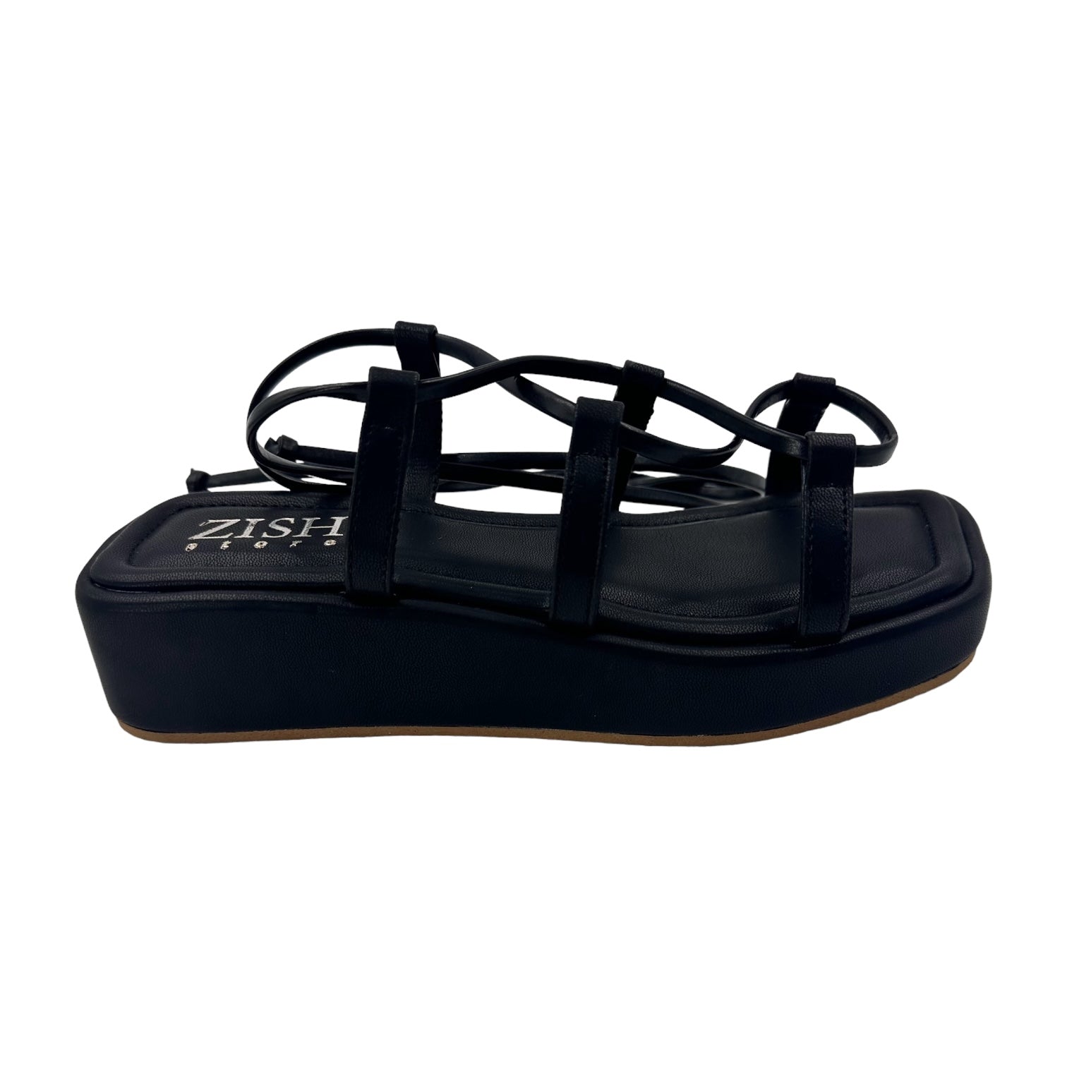 Black vegan leather platform tie up flats with 1-inch sole and open toe design