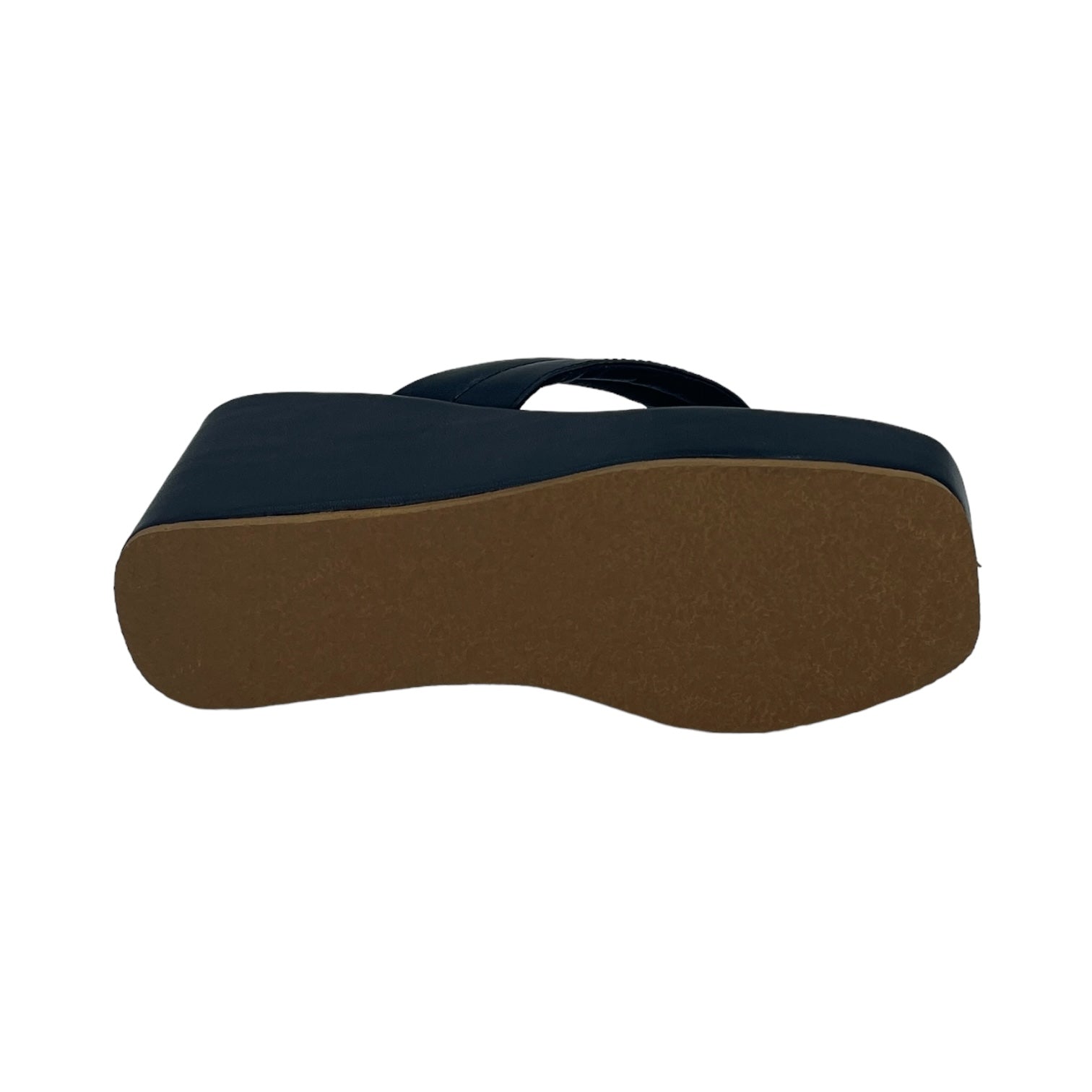 Black Way too Simple Slides with black PU vegan leather strap and brown TPR sole, 3-inch platform wedge heel, open toe design, semi-casual style