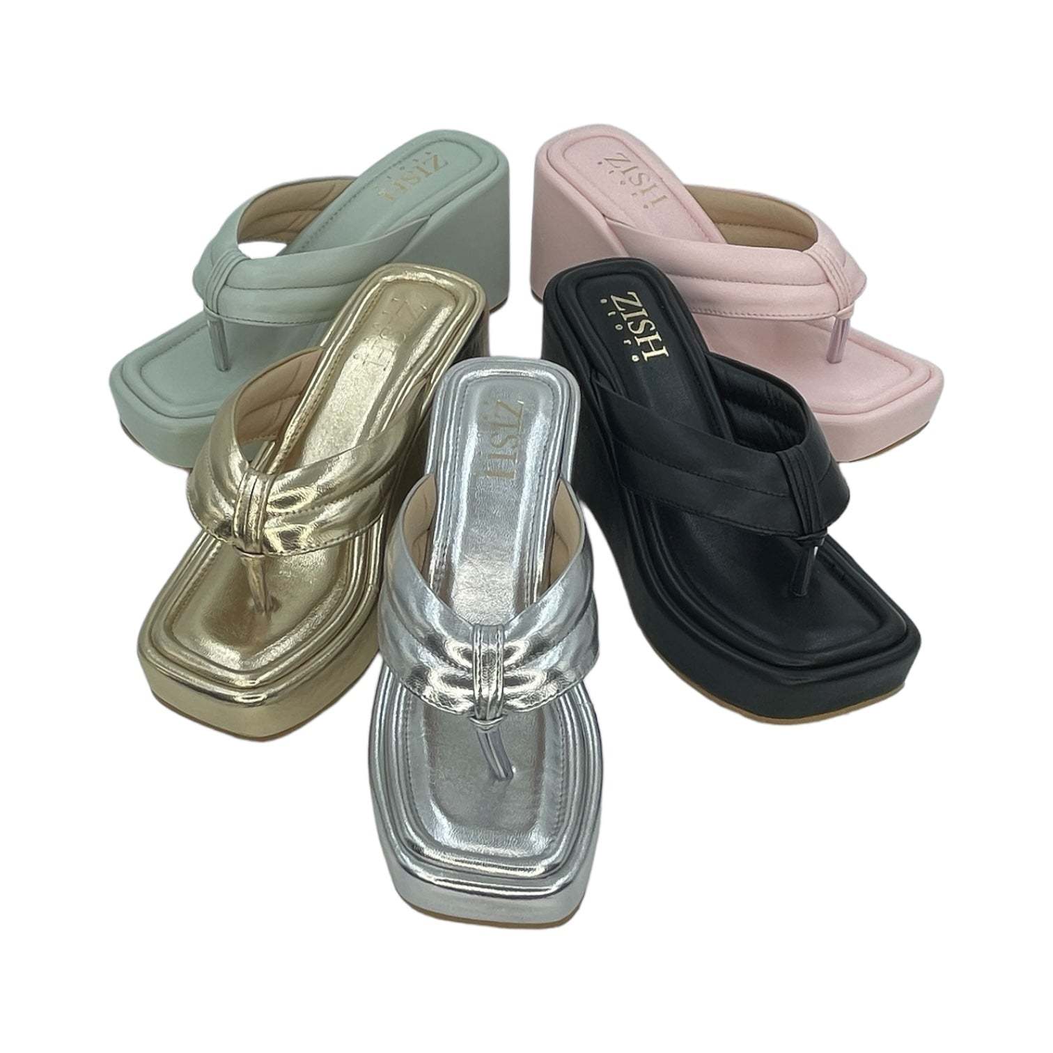 Collection of stylish platform slides in gold, silver, black, pink, and green with comfortable wedge heels and open toe design.