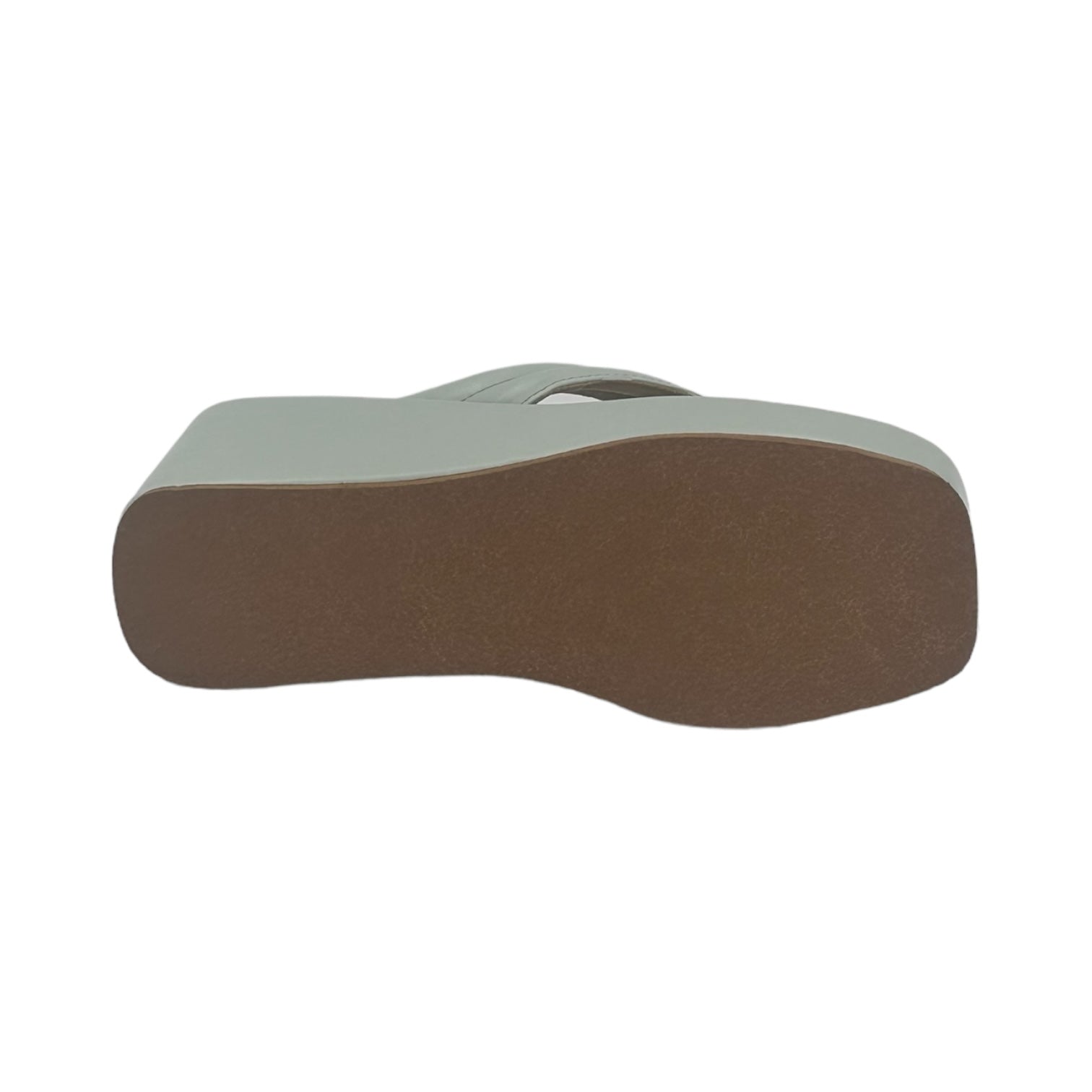 bottom view of blue vegan leather slides with brown TPR sole and 3-inch platform heel