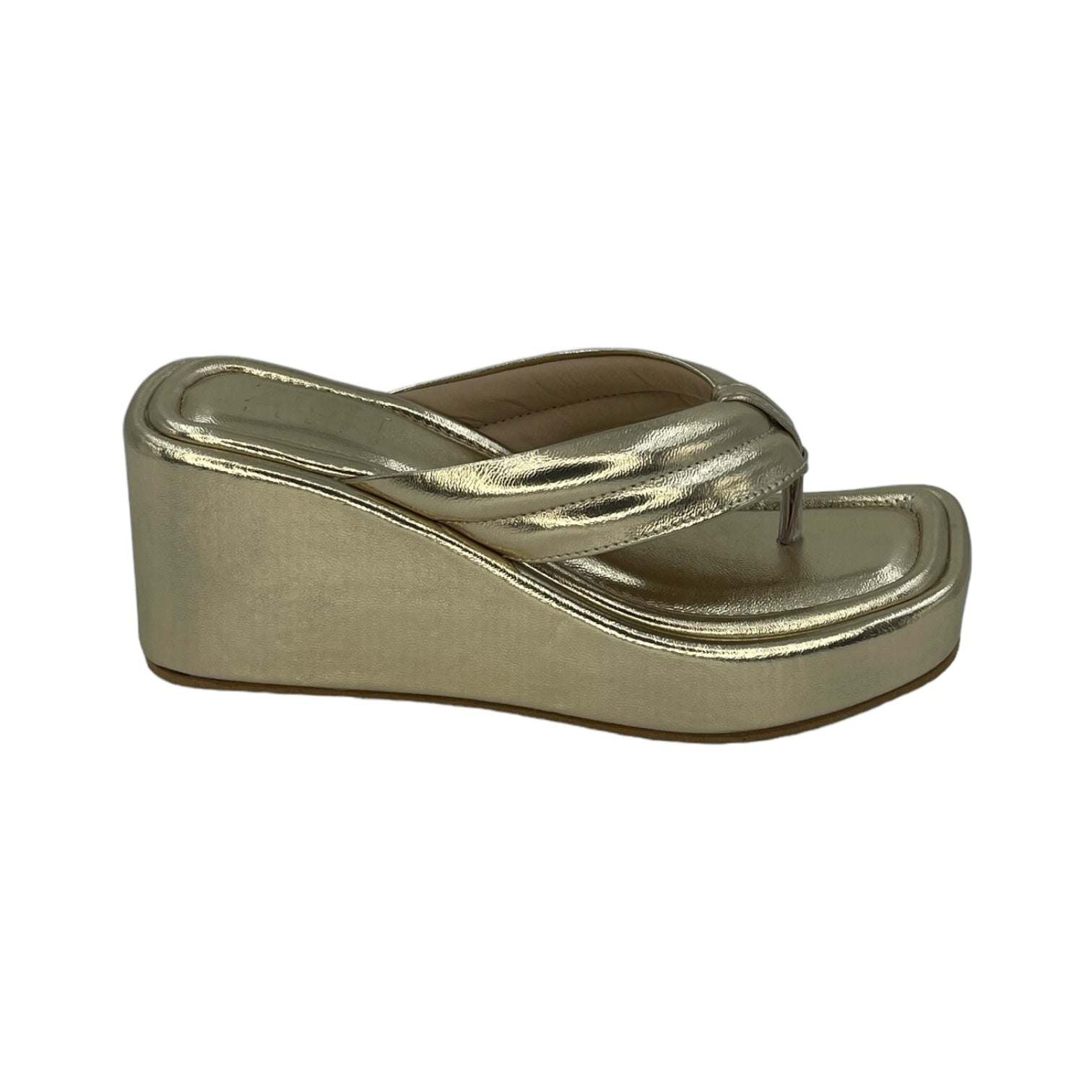 Gold Way too Simple Slides with 3-inch wedge heel and open toe made of vegan leather