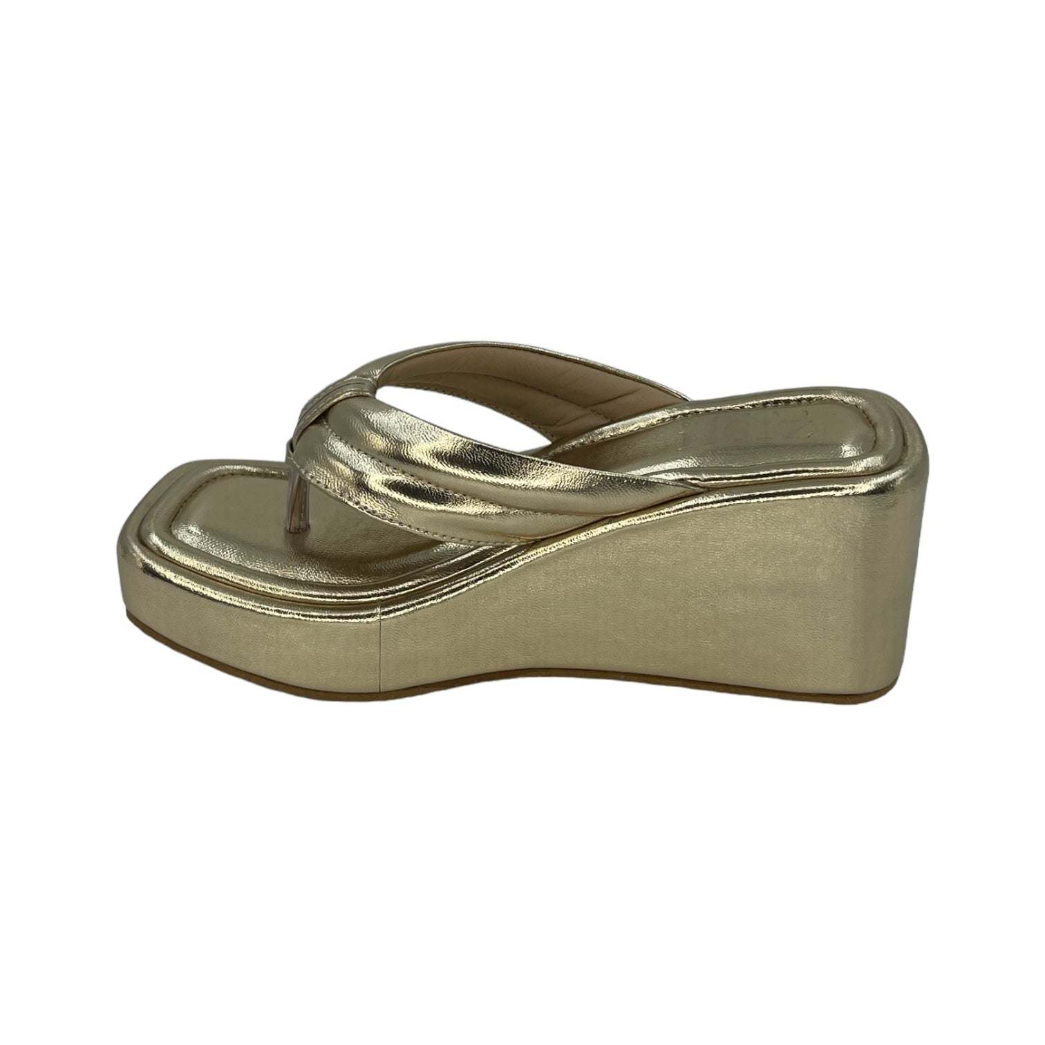 Gold Way too Simple Slides with 3-inch wedge heel, open toe, and vegan leather upper for versatile semi-casual wear