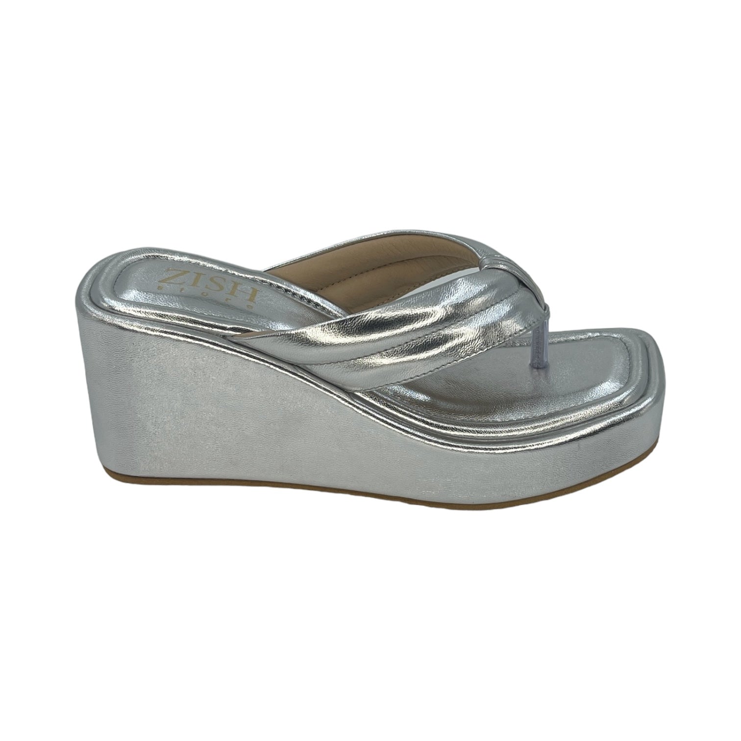 Silver platform wedge slides with simple strap and open toe design for casual and office wear