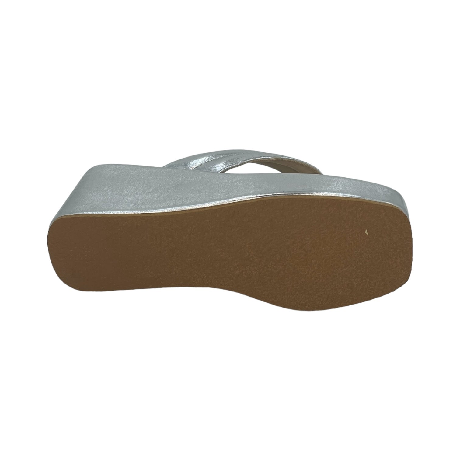Silver Way too Simple Slides showing the sole of silver wedge slides with brown TPR sole and open toe design