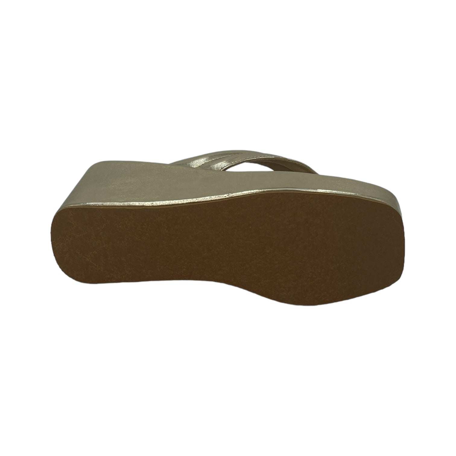 Bottom view of gold vegan leather platform slides with TPR sole and open toe design