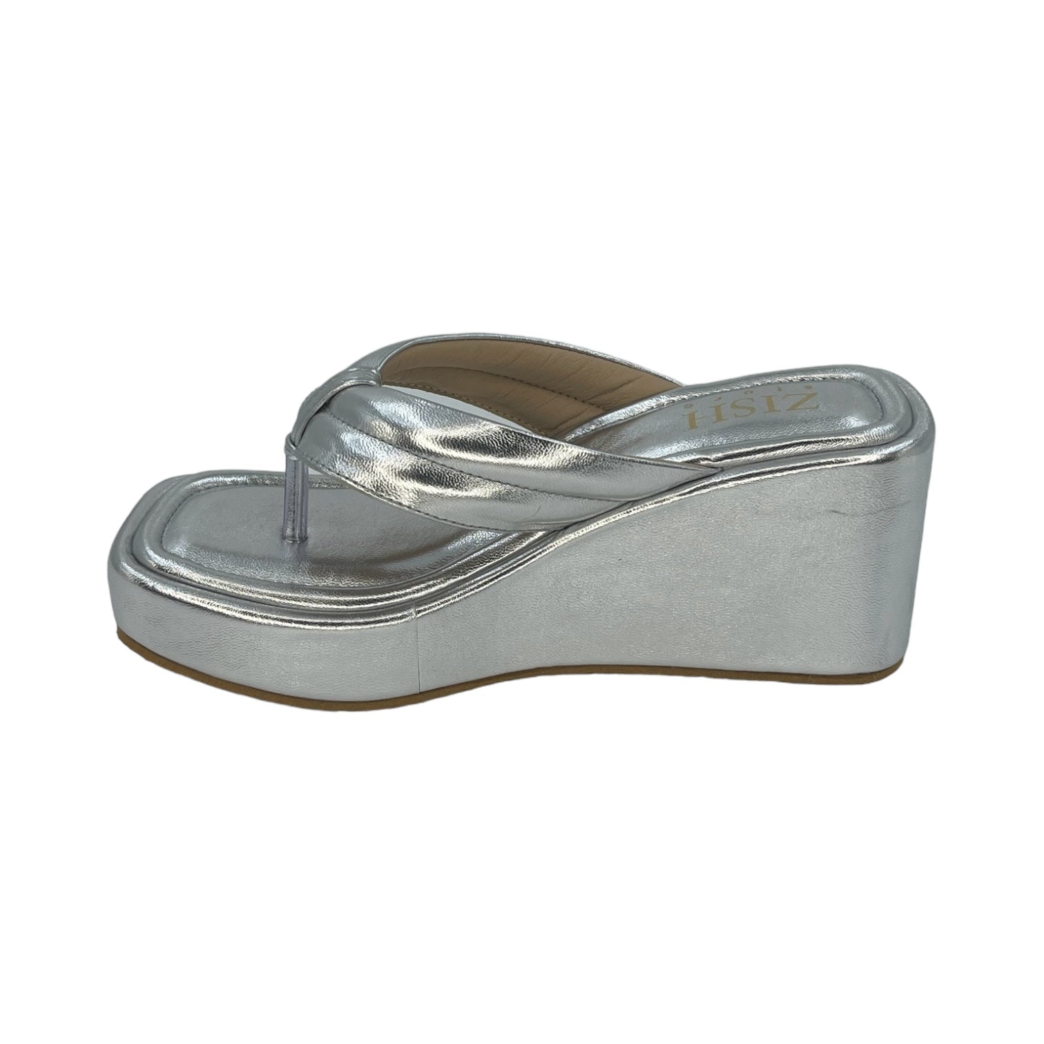 Silver Way too Simple Slides silver wedge slides with open toe and 3-inch heel made of vegan leather and TPR sole