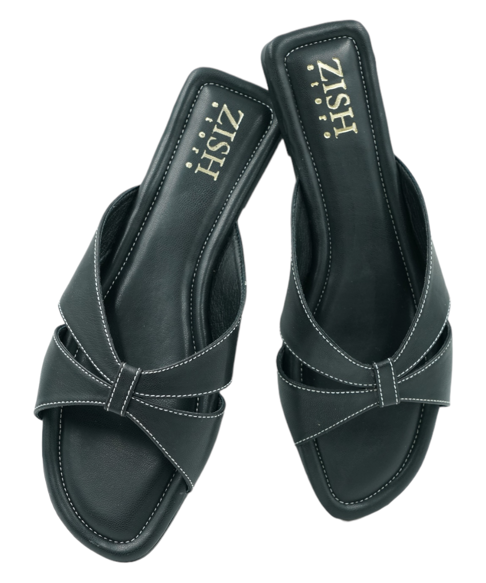 Black Tokyo Flats with elegant cross-strap design, open-toe, cushioned PU vegan leather, flat heel, perfect for formal and casual wear