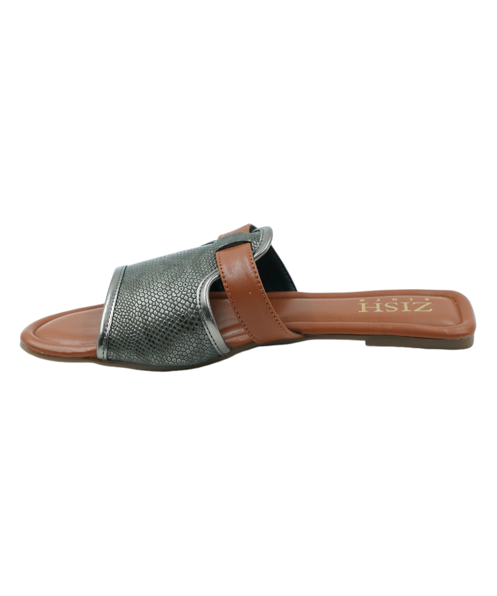Gunmetal Meghan Flats with woven design, open toe, flat heel, and brown strap sandal for casual and formal wear