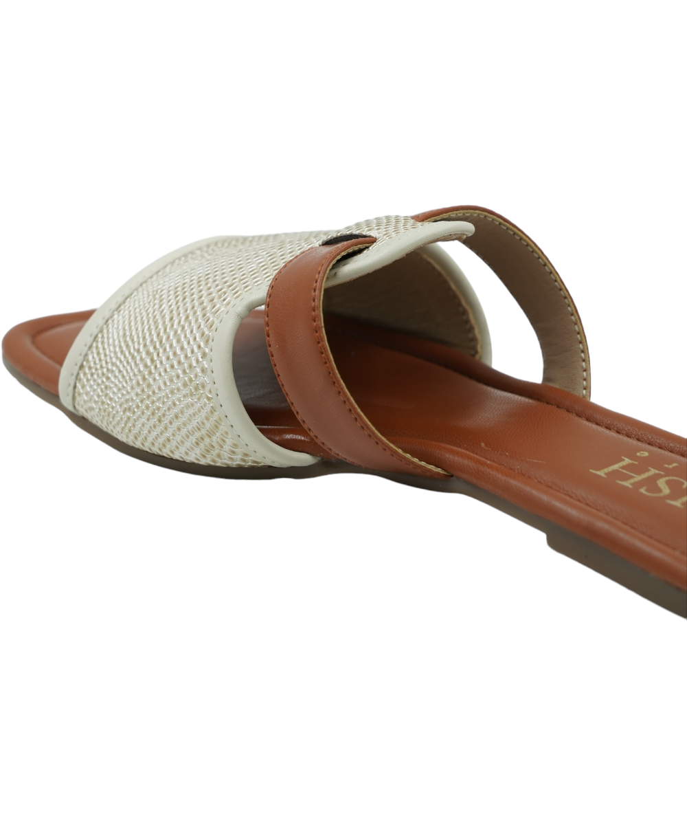 Off White Meghan Flats with woven strappy design and brown cushioned footbed, flat open-toe sandals for casual and formal wear