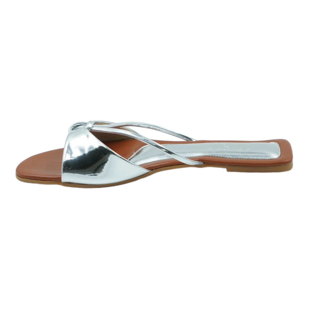 Silver Carolina Flats with glossy mirror strap and brown footbed, flat open-toe sandals for casual and formal wear