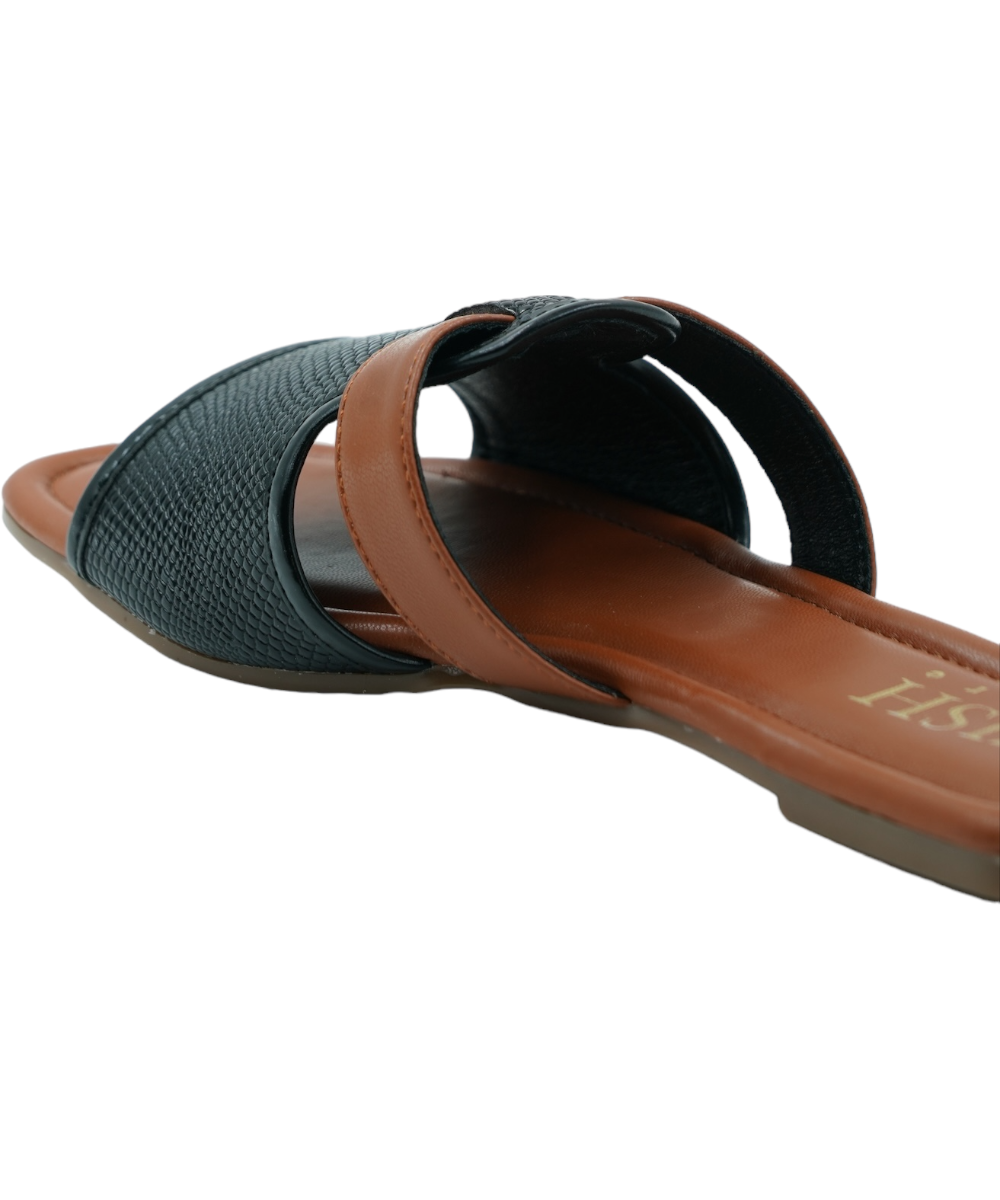 Black Meghan Flats with woven PU vegan leather upper and brown cushioned footbed, open-toe flat sandals for casual and formal wear